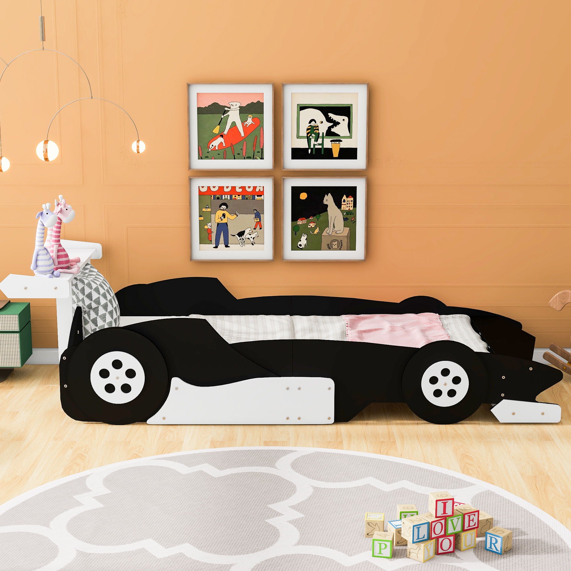 Twin Size Race Car-Shaped Platform Bed With Wheels