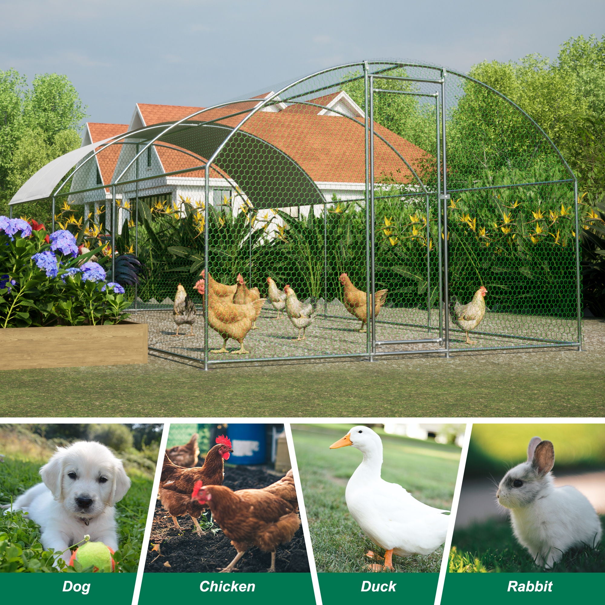 Large Chicken Coop Metal Chicken Run With Waterproof And Anti-Uv Cover, Dome Shaped Walk-In Fence Cage Hen House For Outdoor And Yard Farm Use, 1" Tube Diameter