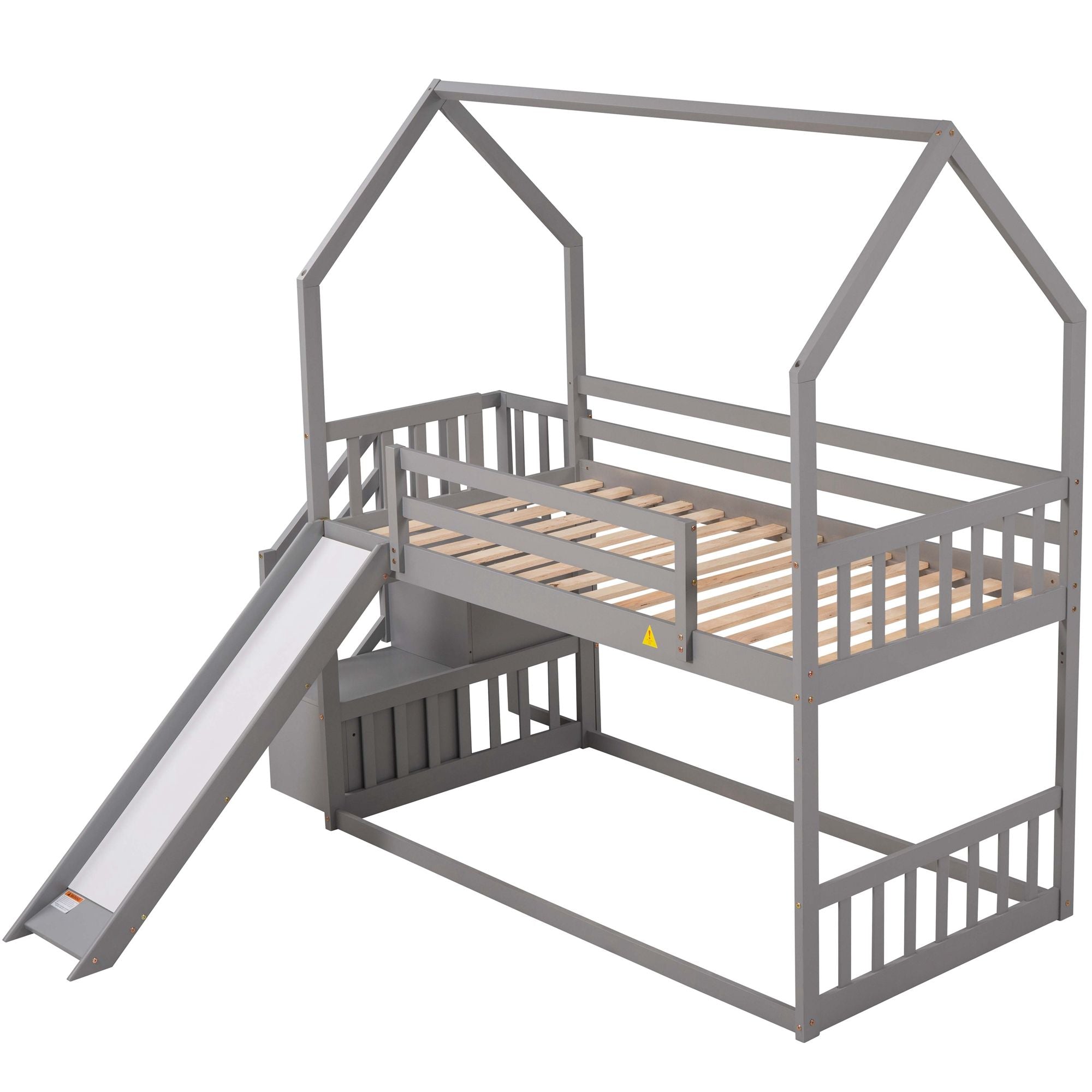 Twin Over Twin House Bunk Bed With Convertible Slide, Storage Staircase