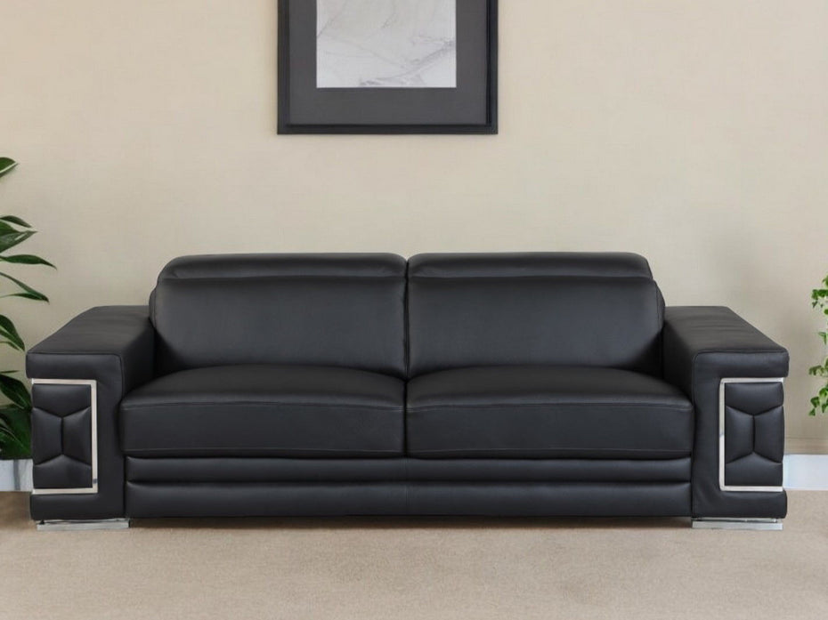 Sofa Italian Leather With Silver Legs - Black