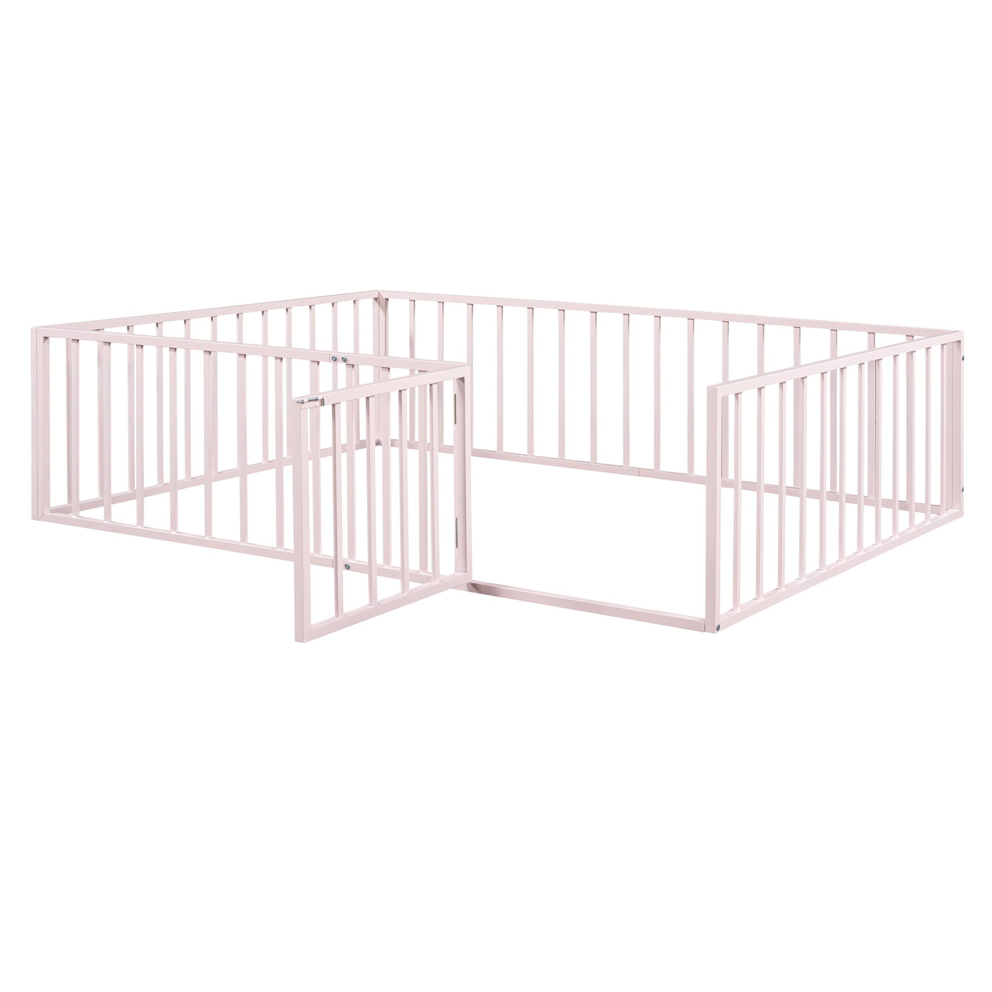 Metal Floor Bed Frame With Fence And Door - Black