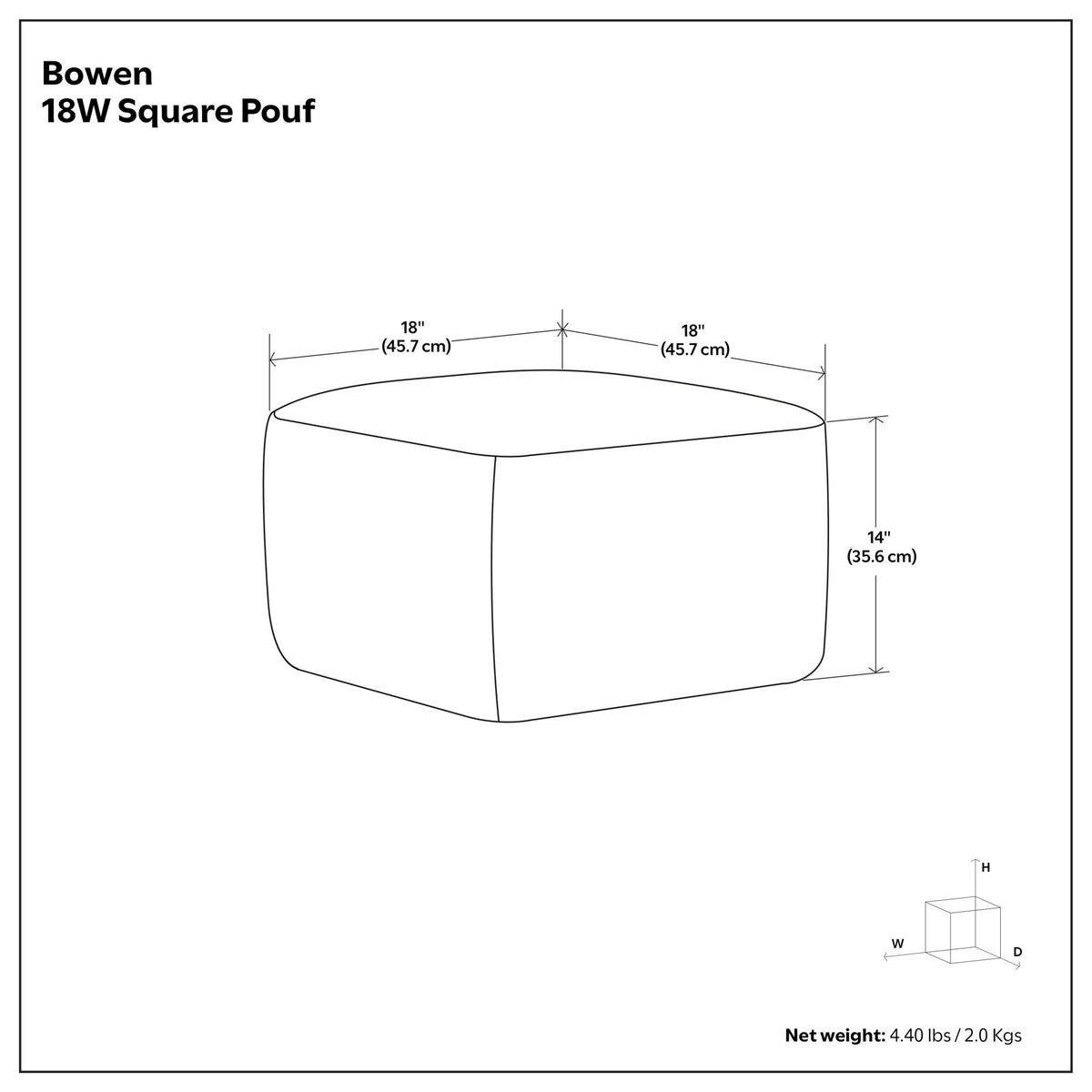 Bowen 18W black square pouf with rounded edges and dimension specs displayed - accent ottoman furniture