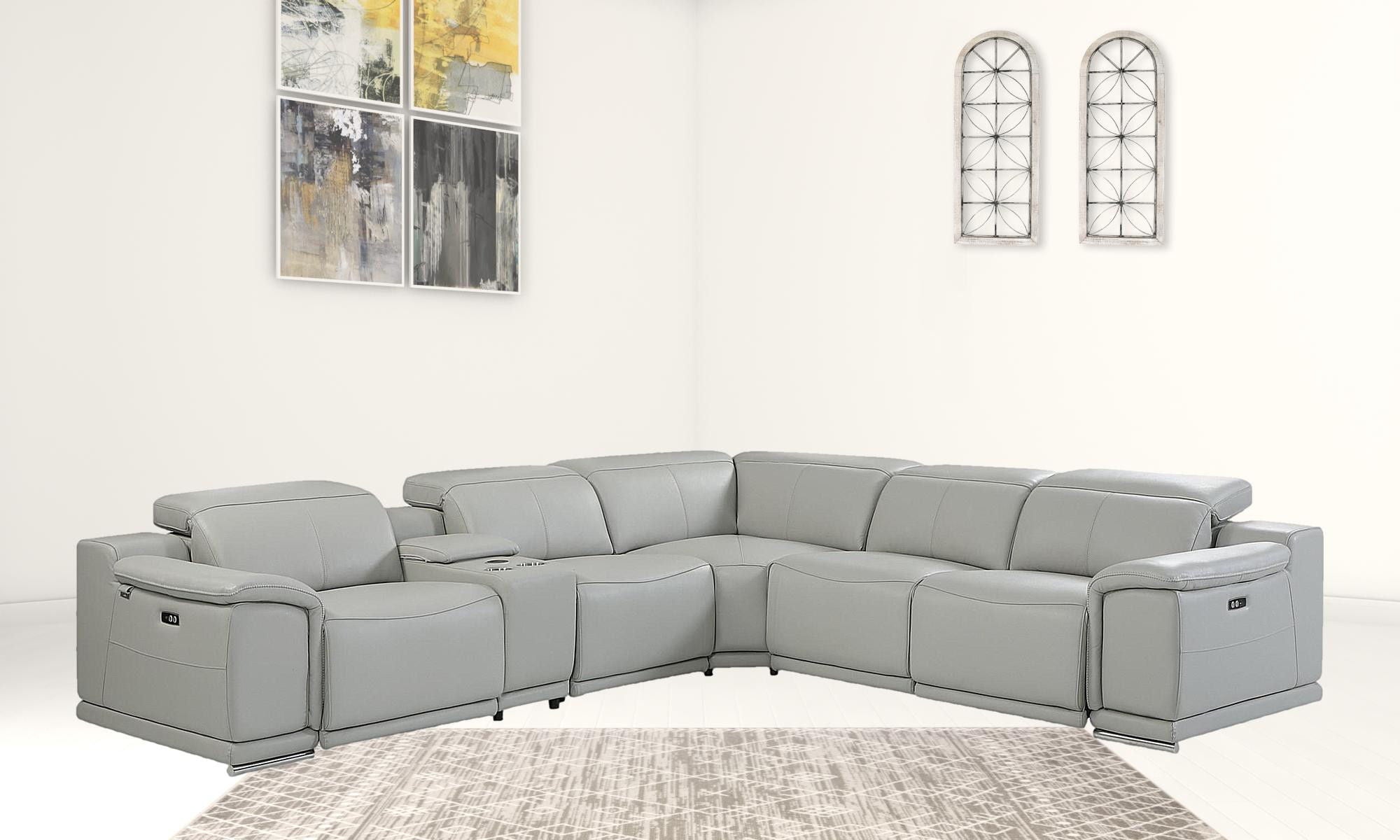 Italian Leather Power Reclining U Shaped Six Piece Corner Sectional With Console - Light Gray