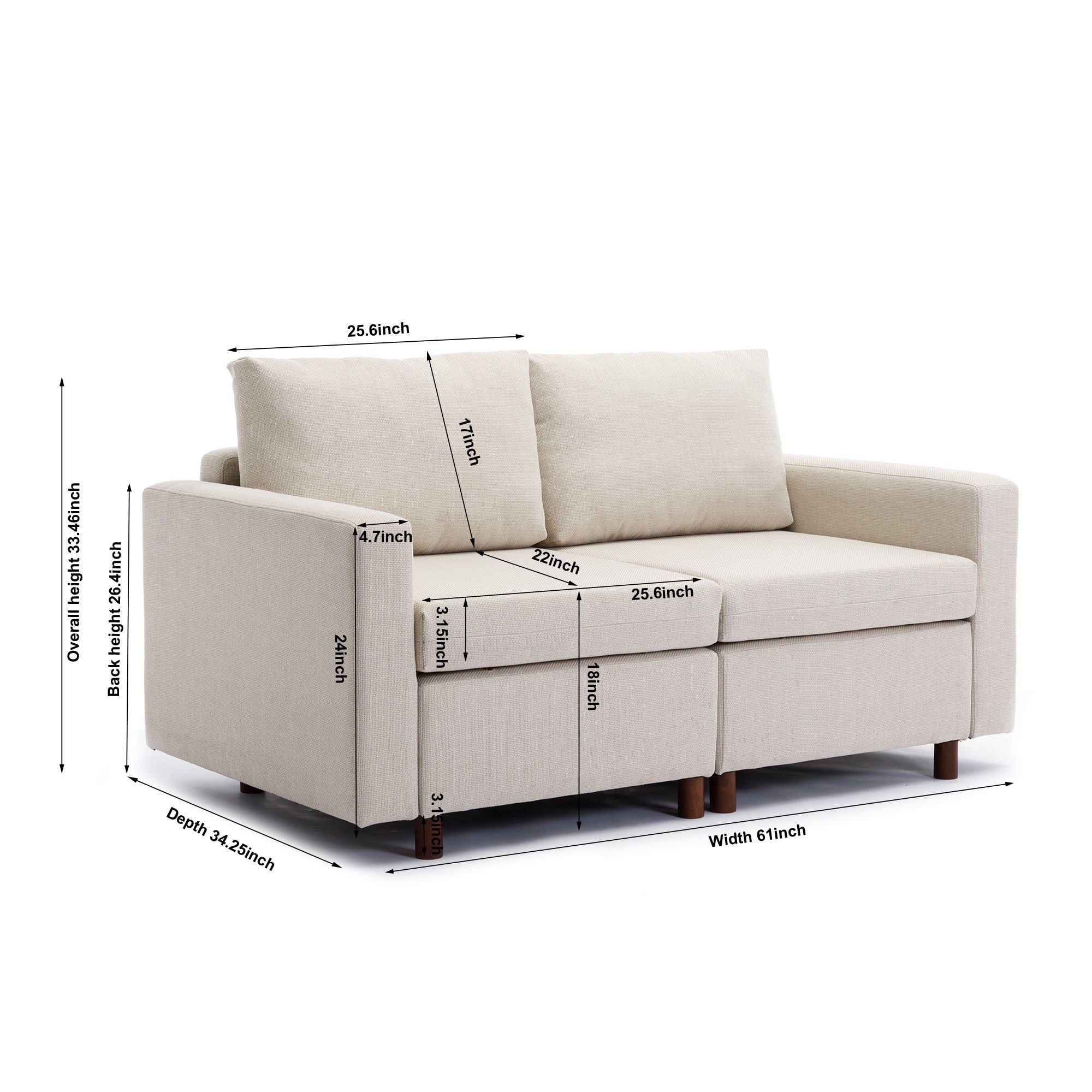 2 Seat Module Sectional Sofa Couch With 1 Ottoman For Living Room, Seat Cushion And Back Cushion Non-Removable And Non-Washable