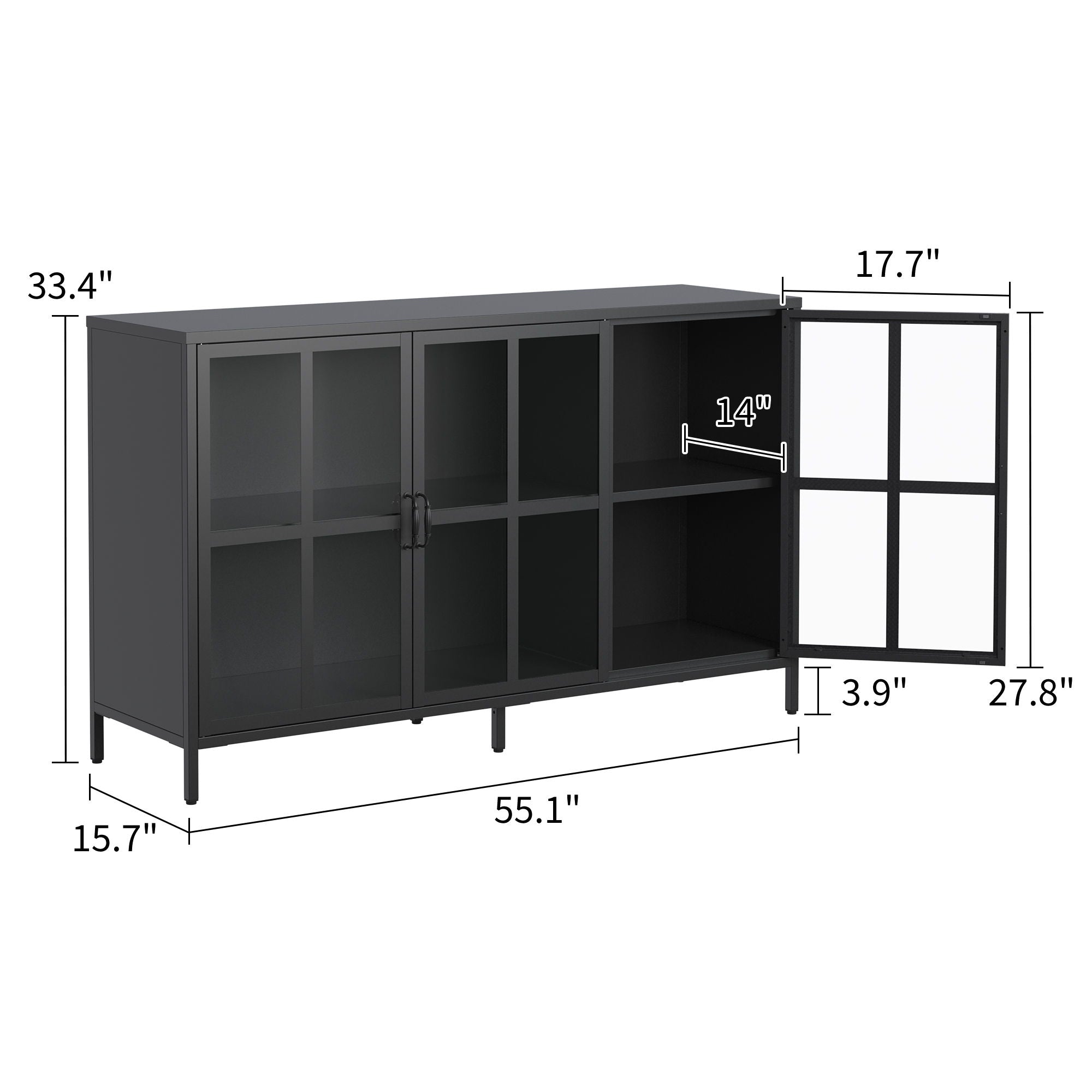 Heavy Duty Metal Modern Sideboard Buffet Cabinet With Storage Premium Steel Storage Cabinet, Adjustable Feet, Glass Doors, Large Capacity Organizer