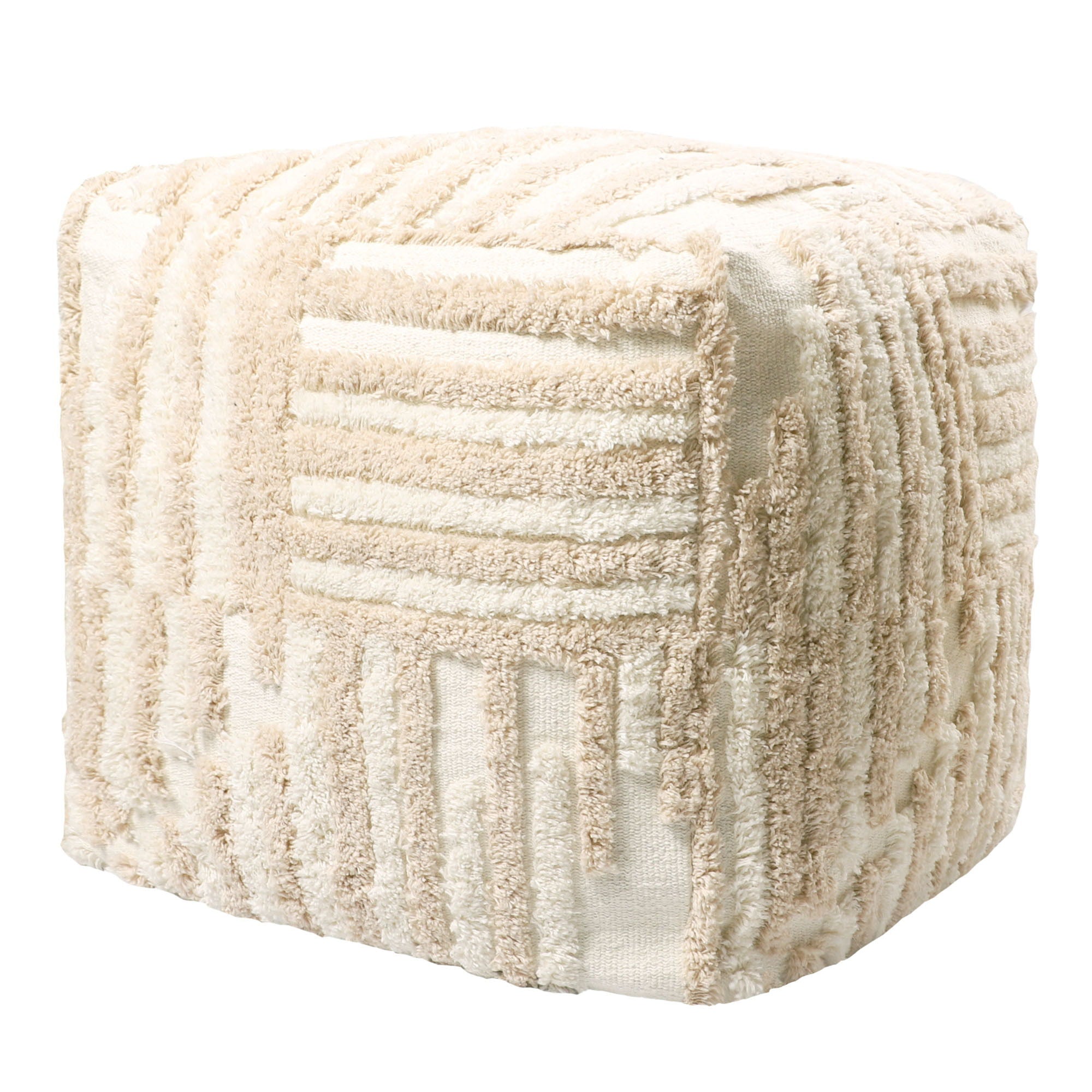 Cotton Cube Striped Pouf Ottoman - Beige