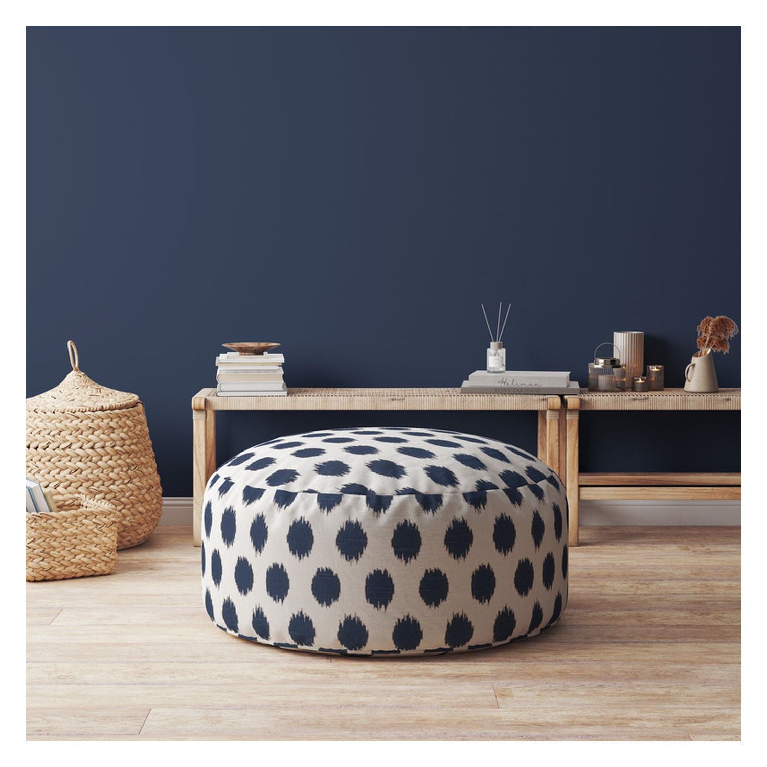 Canvas, Round Polka Dots Pouf Ottoman - Blue / White