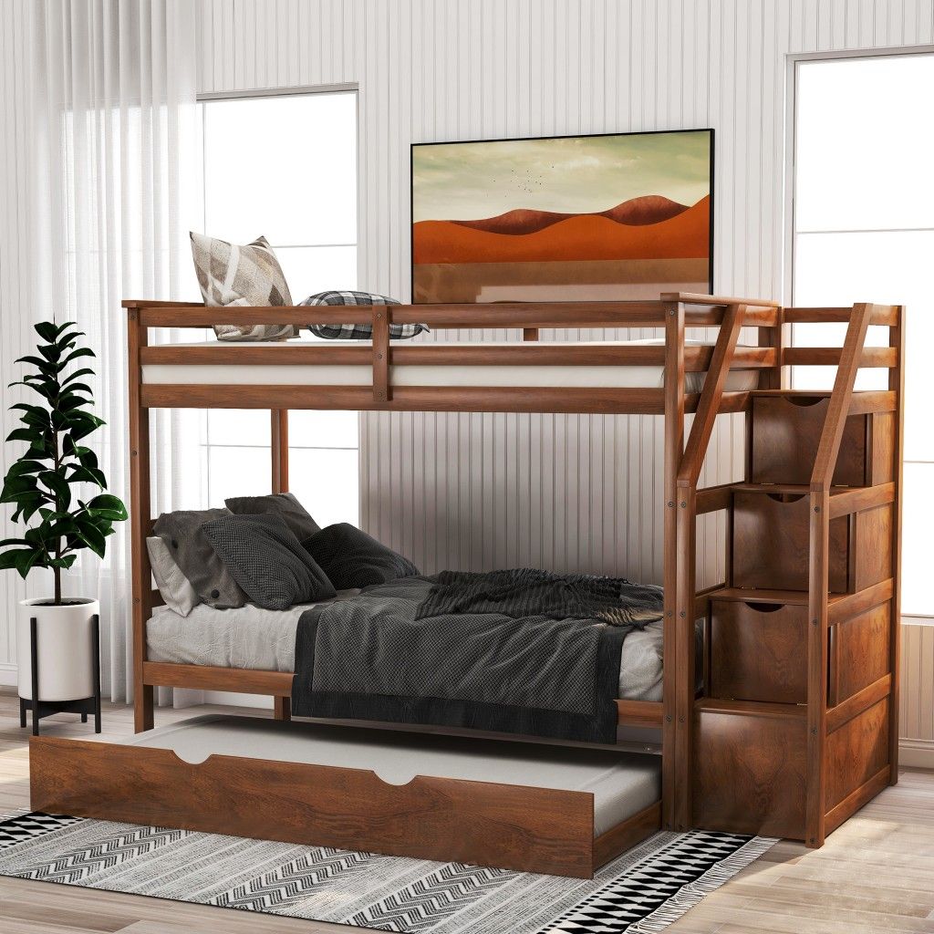 Twin Over Twin Bunk Bed with Trundle - Walnut