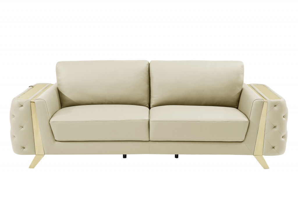 Italian Leather Sofa With Silver Legs - Beige