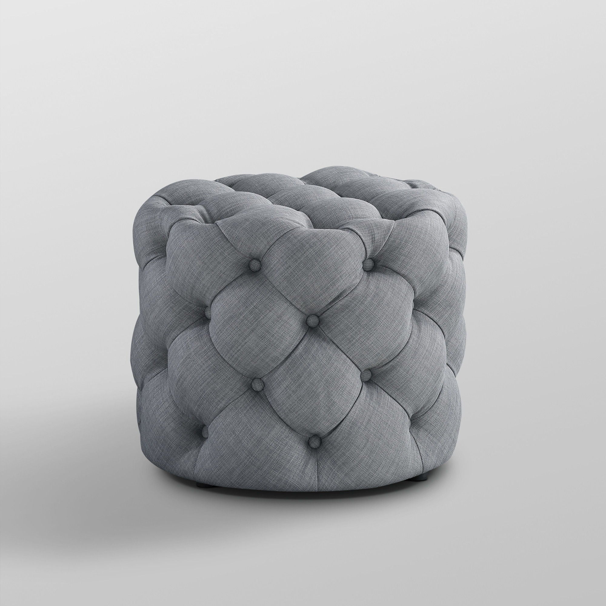 Linen Tufted Round Ottoman - Light Gray