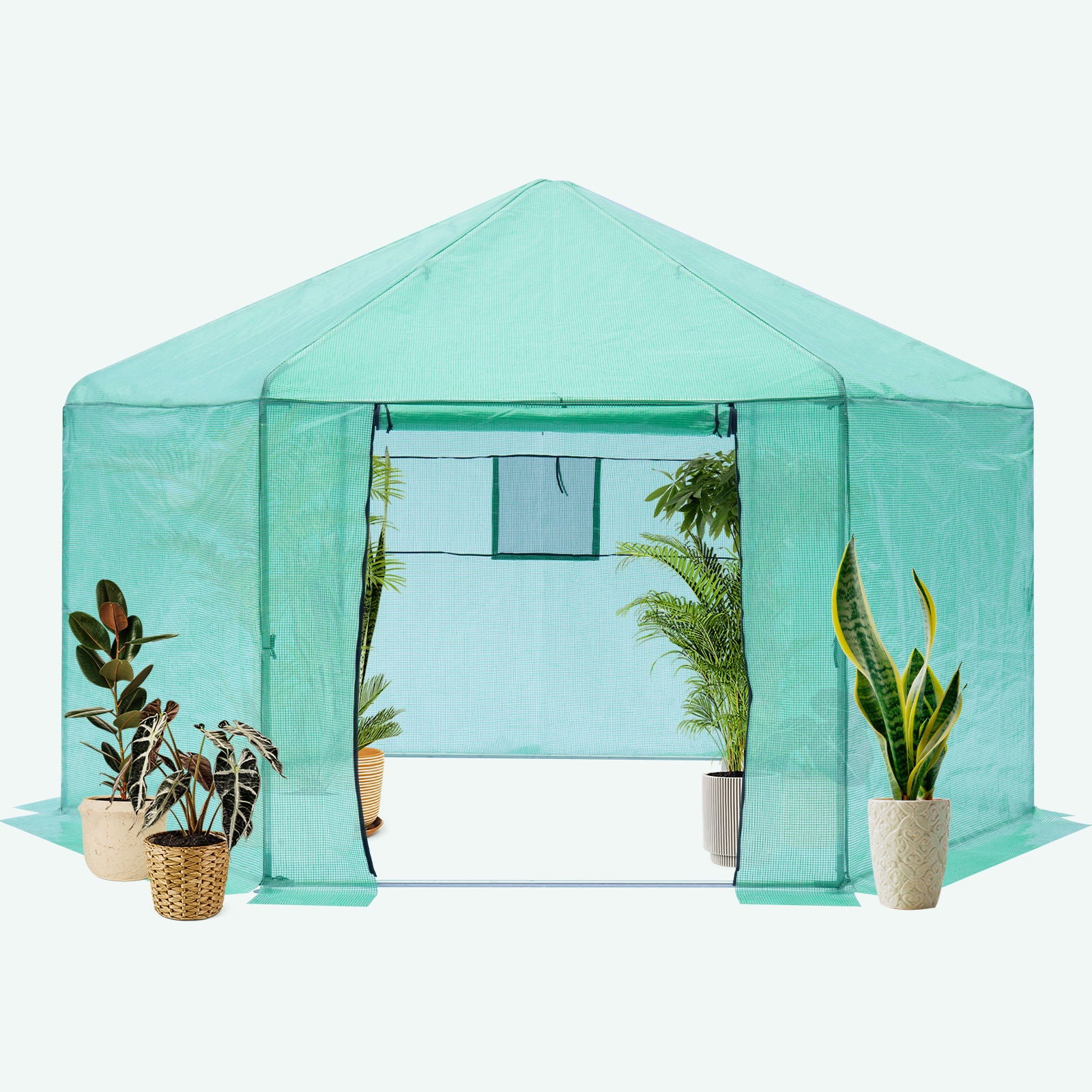 Walk-in Greenhouse Hexagonal Upgrade Reinforced Frame Heavy Duty Plastic Greenhouse Reinforced Thickened Waterproof Insulation (13.1*8.6 ft) - Green