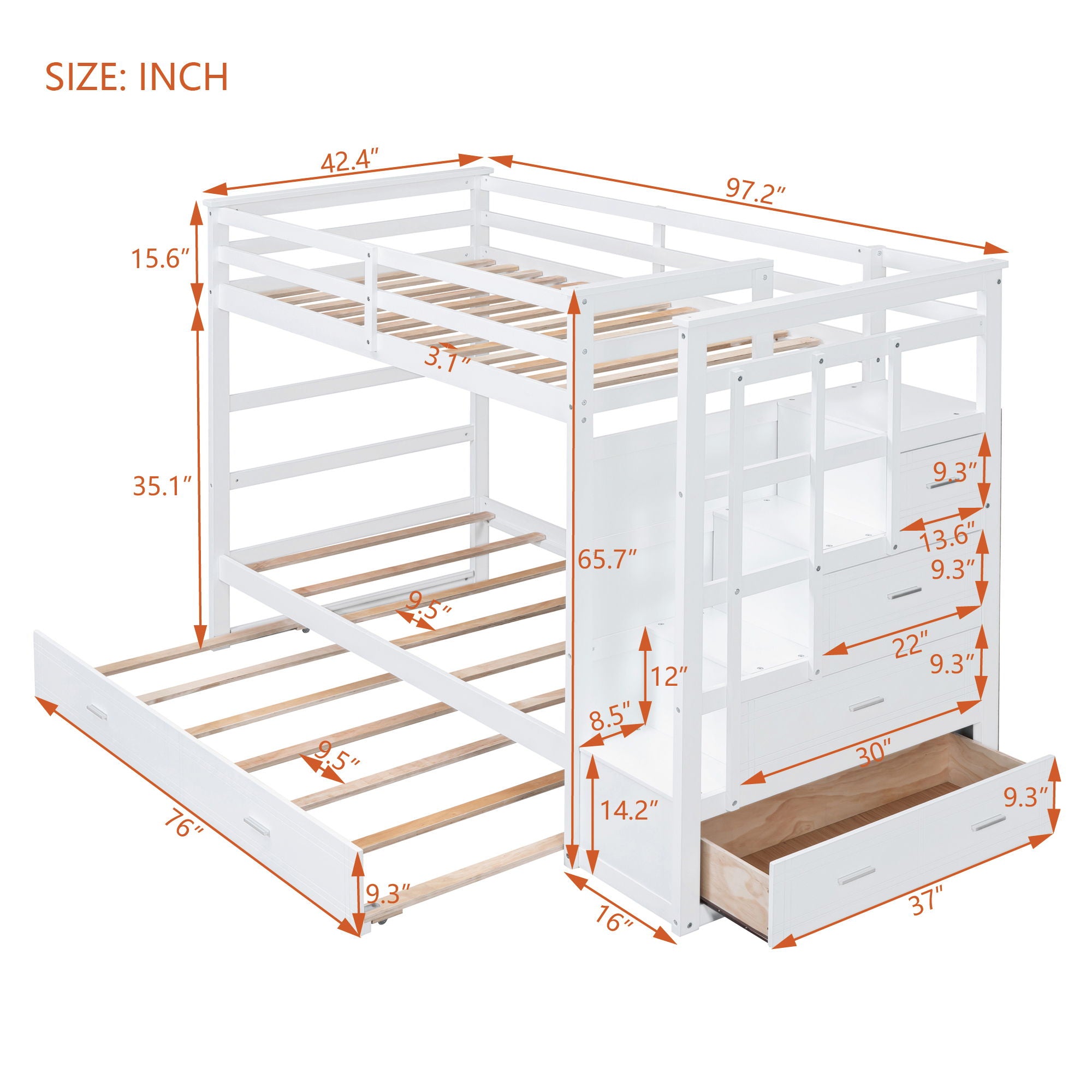 Twin Over Twin Bunk Bed With Trundle And Staircase - White