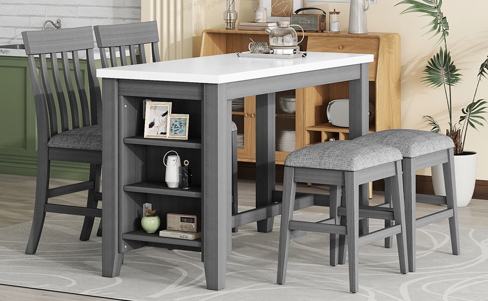 5 Piece Counter Height Dining Table Set With Built-In Storage Shelves - Gray