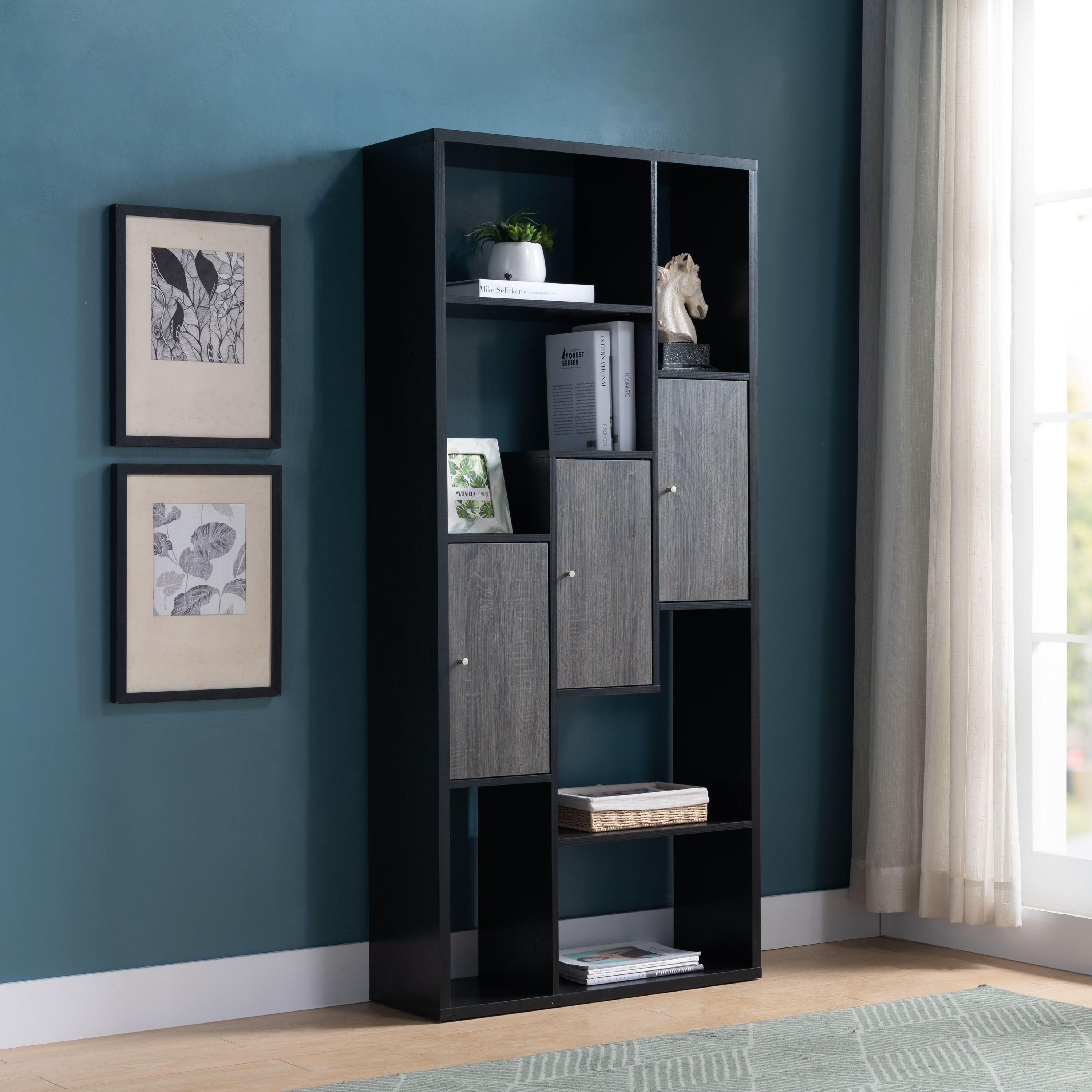 Bookcase Display Storage Cabinet, Multi Shelves - Black / Distressed Gray