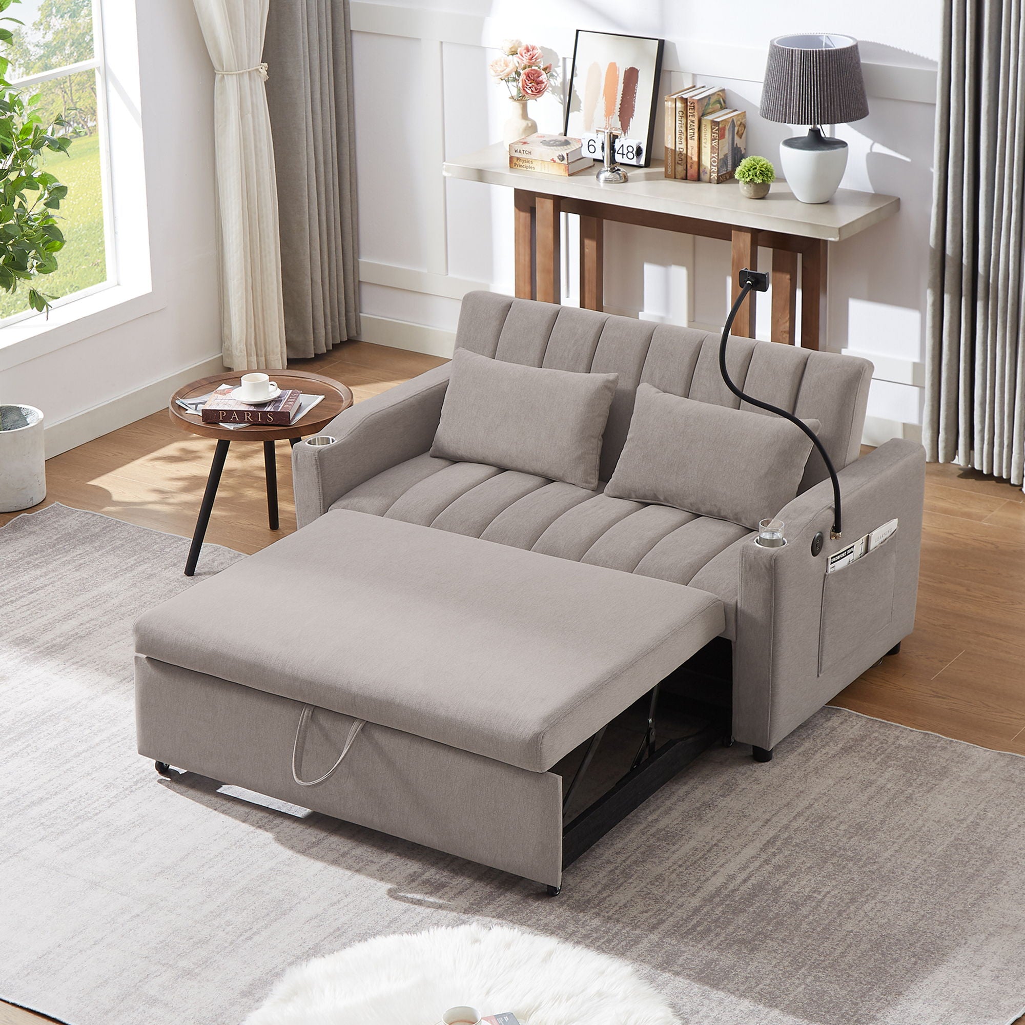 Convertible Sofa Bed Loveseat Sofa With Three USB Ports, Two Side Pockets, Two Cup Holders And 360° swivel Phone Holder For Living Room