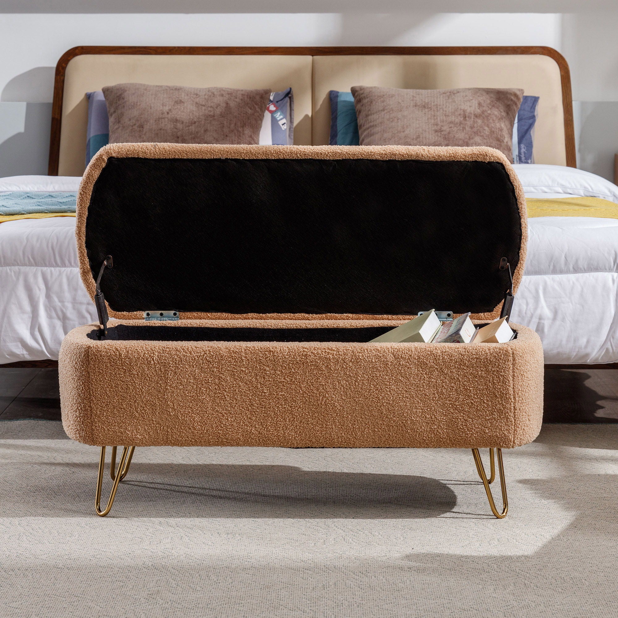 Storage Ottoman Bench For End Of Bed Gold Legs, Modern Camel Faux Fur Entryway Bench Upholstered Padded With Storage For Living Room Bedroom