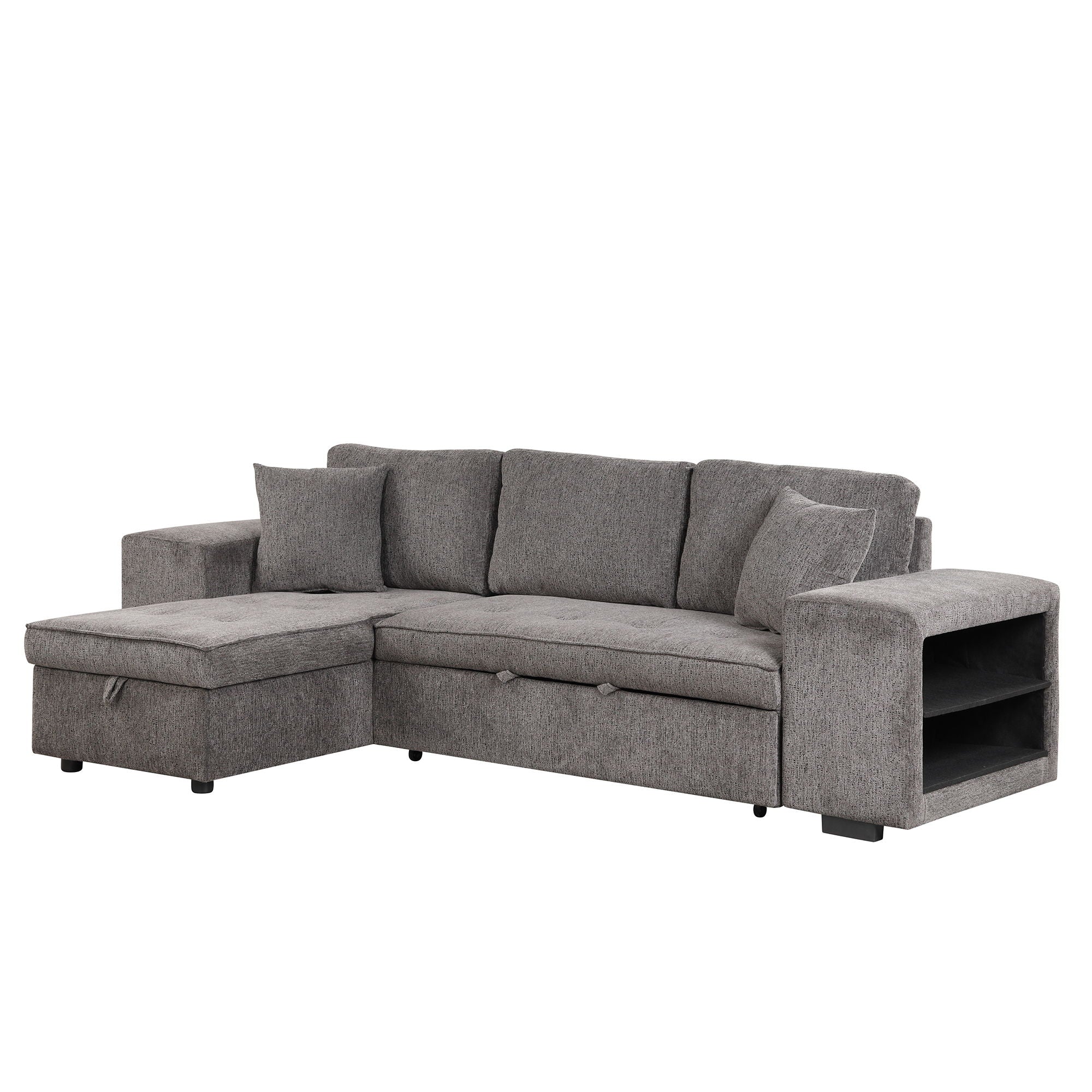 Modern L-Shape 3 Seat Reversible Sectional Couch, Pull Out Sleeper Sofa With Storage Chaise And 2 Stools For Living Room Furniture Set