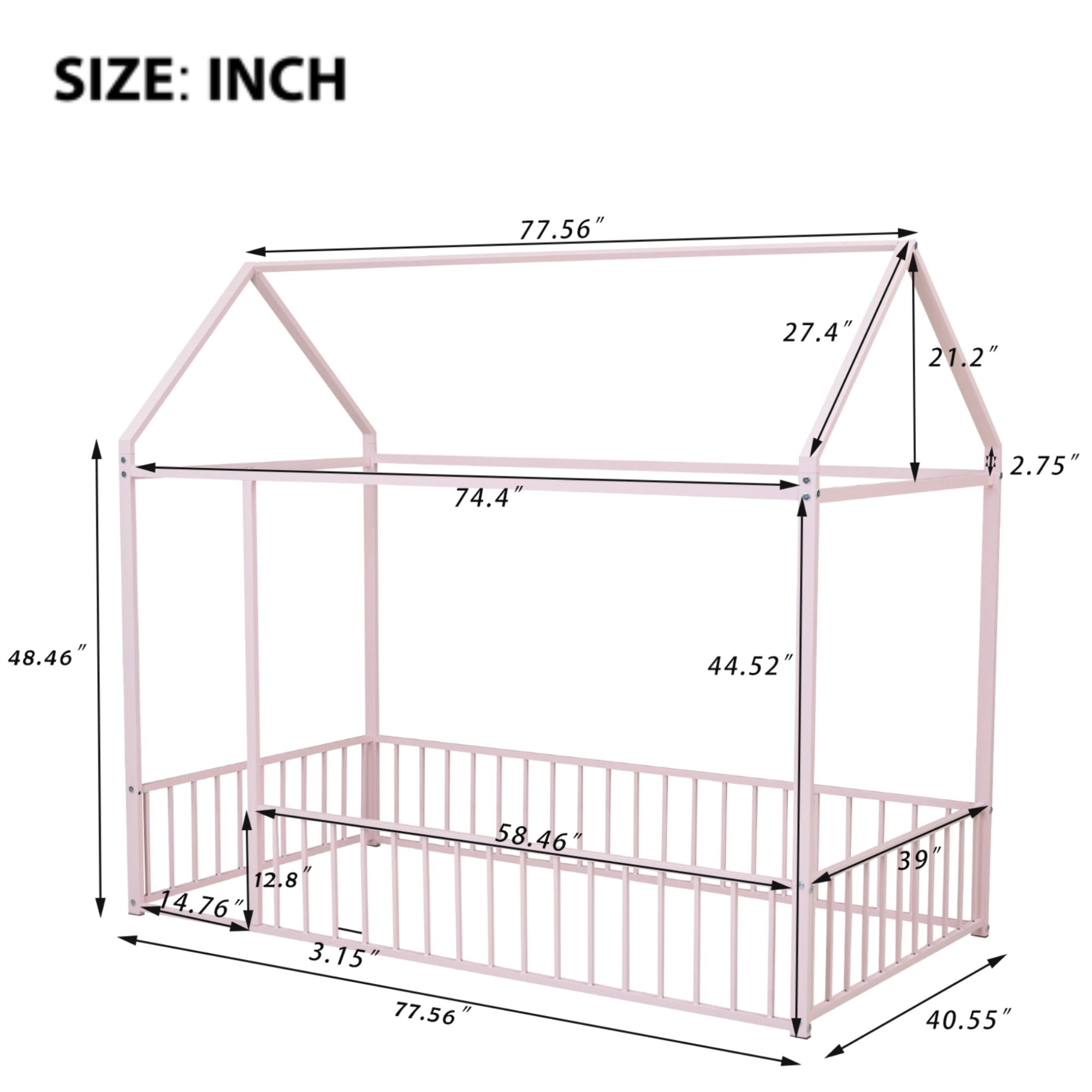 Twin Size Metal Bed House Bed Frame With Fence, For Kids, Teens, Girls, Boys