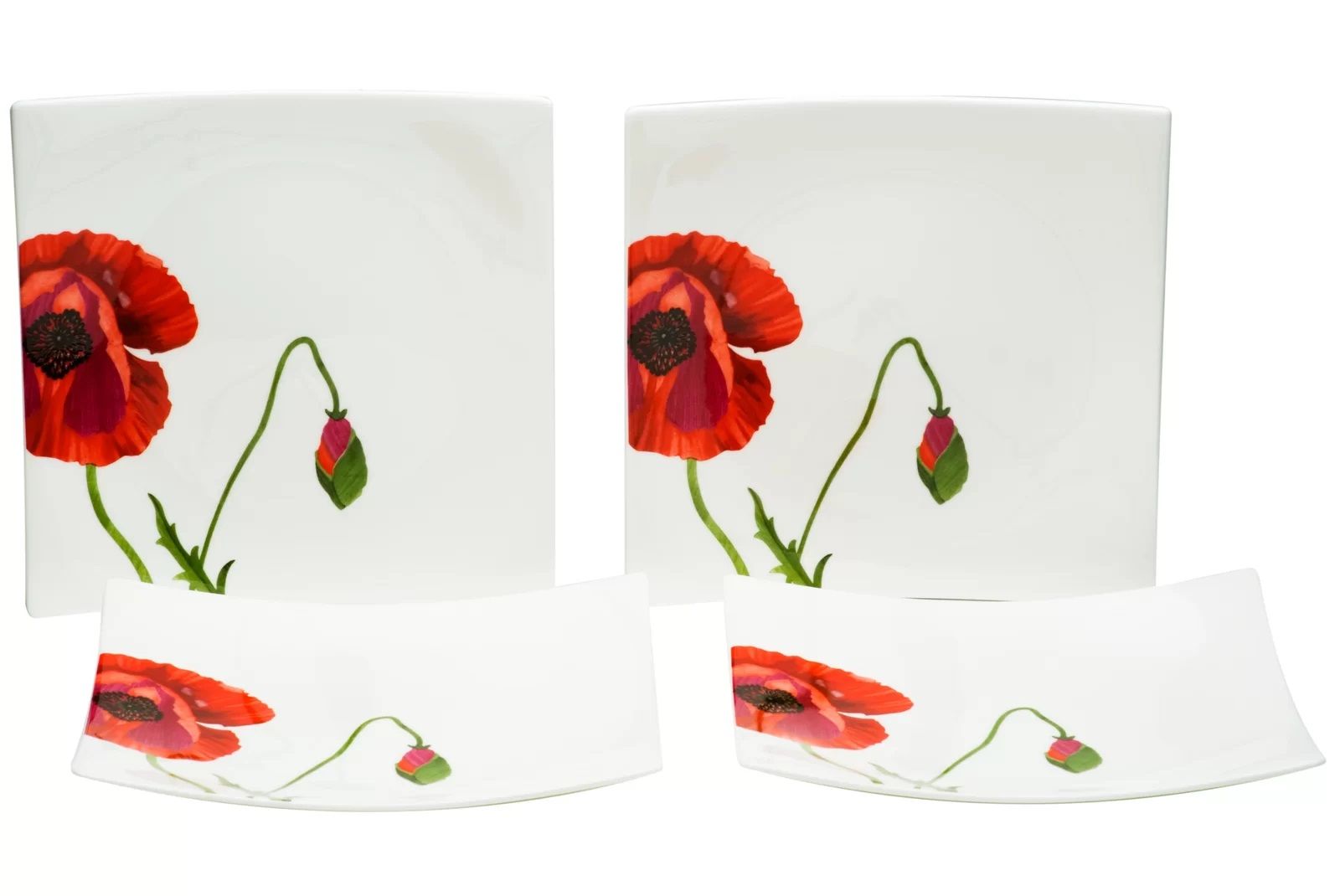 Six Piece Square Floral Bone China Service For Six Salad Plate Set - Red / White