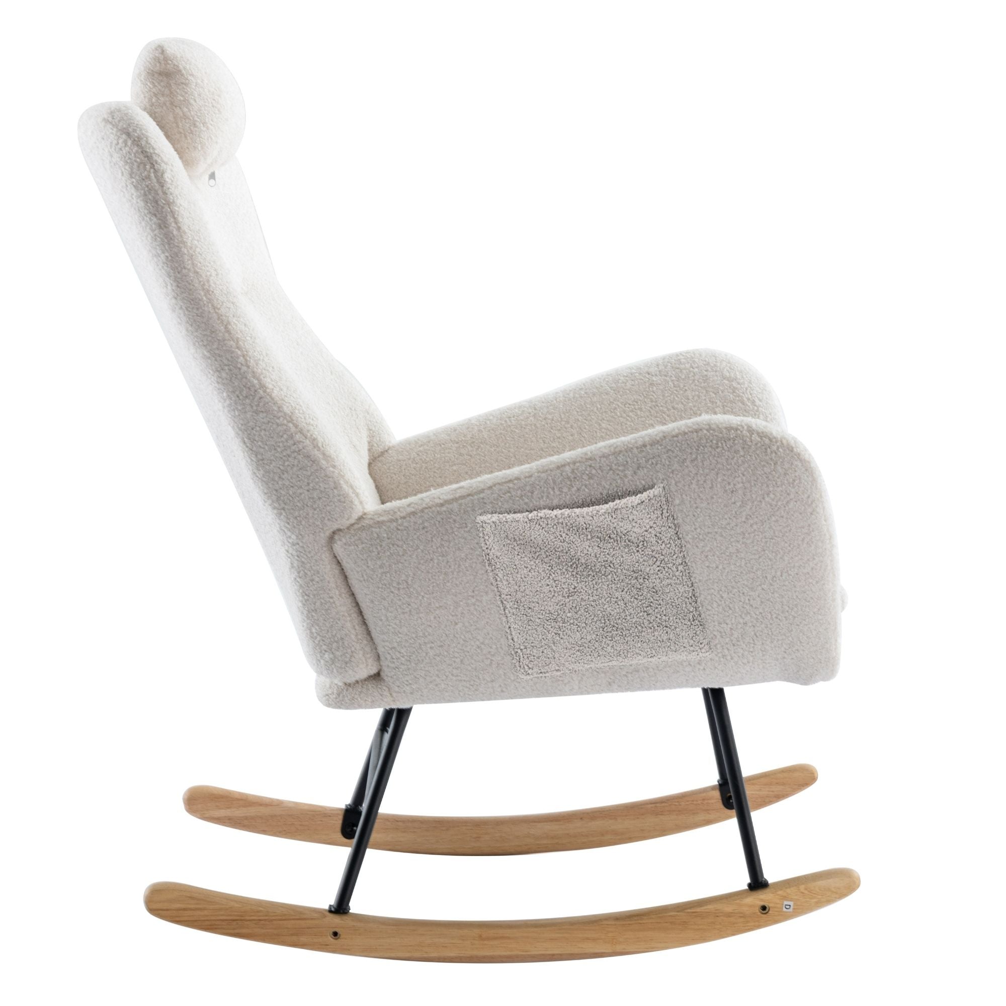 Rocking Chair With Pocket, Soft Teddy Fabric Rocking Chair For Nursery, Comfy Wingback Glider Rocker With Safe Solid Wood Base