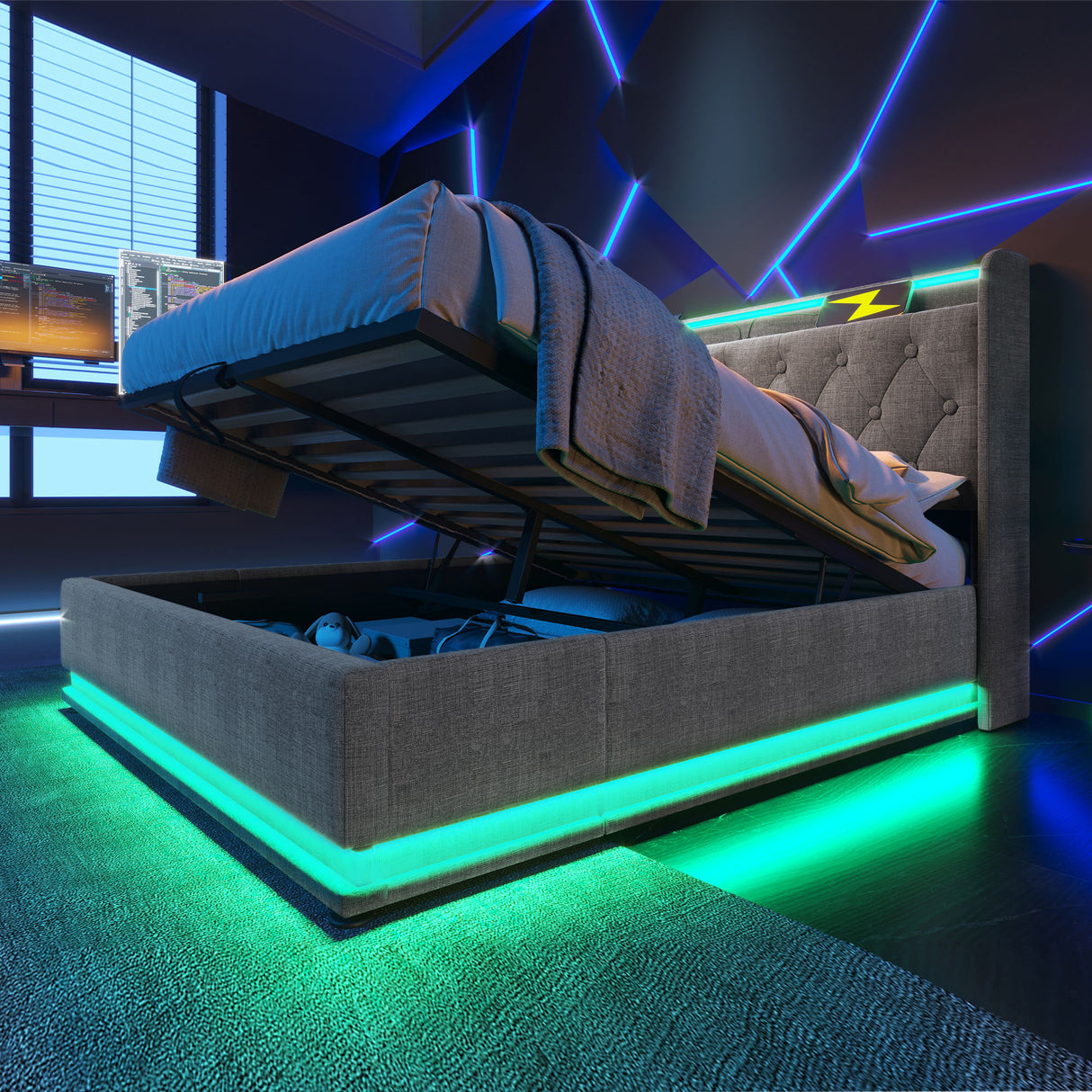 Upholstered Bed, 360 Surround LED Function, Remote Control, Hydraulic Storage Bed With USB, Type-C Charging (Without Mattress)