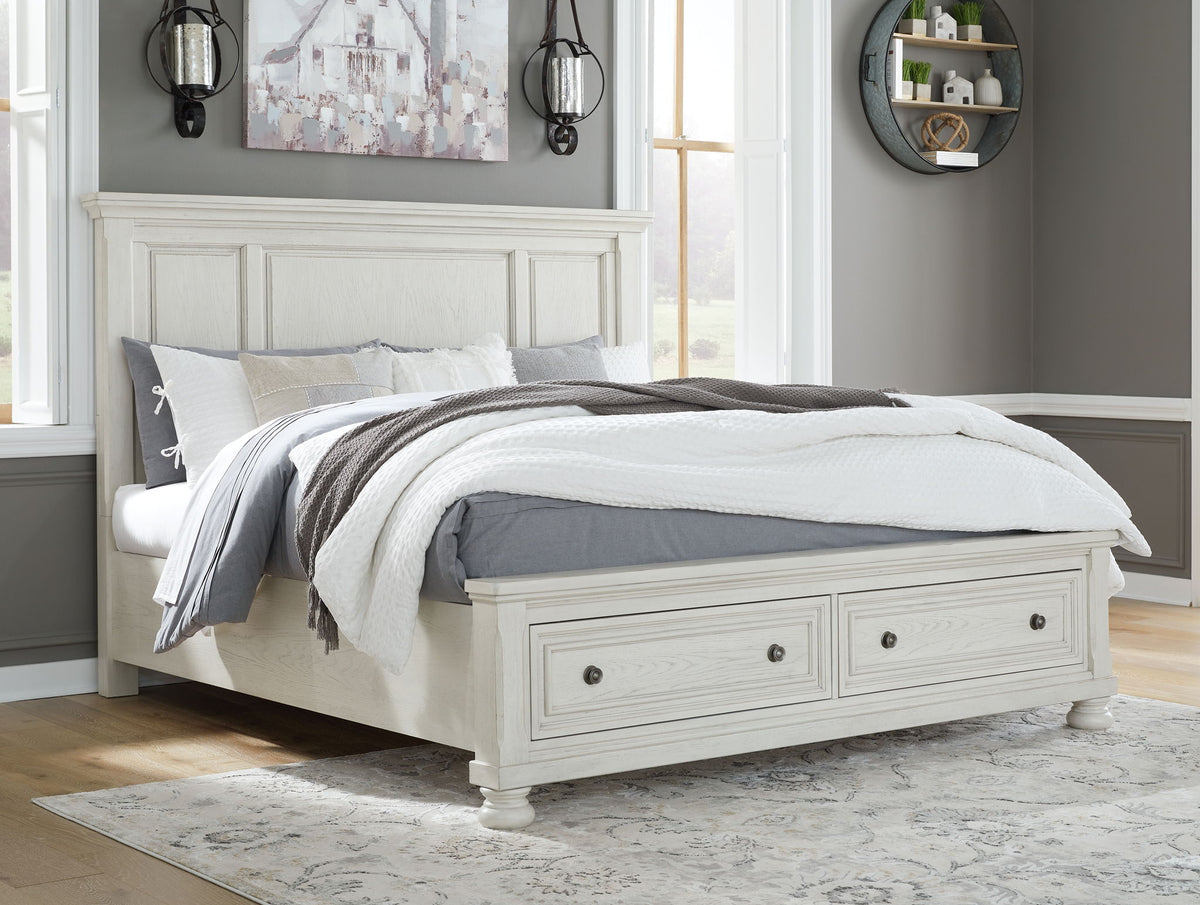 White wood panel storage bed with gray bedding in modern farmhouse bedroom set design