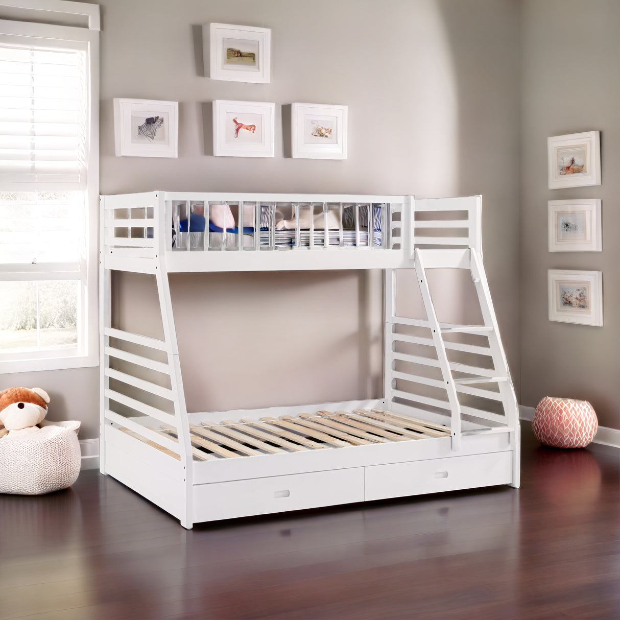 White Twin Over Full Bunk Bed with Storage Drawers