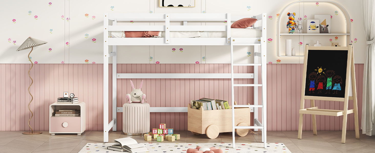 High Loft Bed With Inclined Ladder, Guardrails