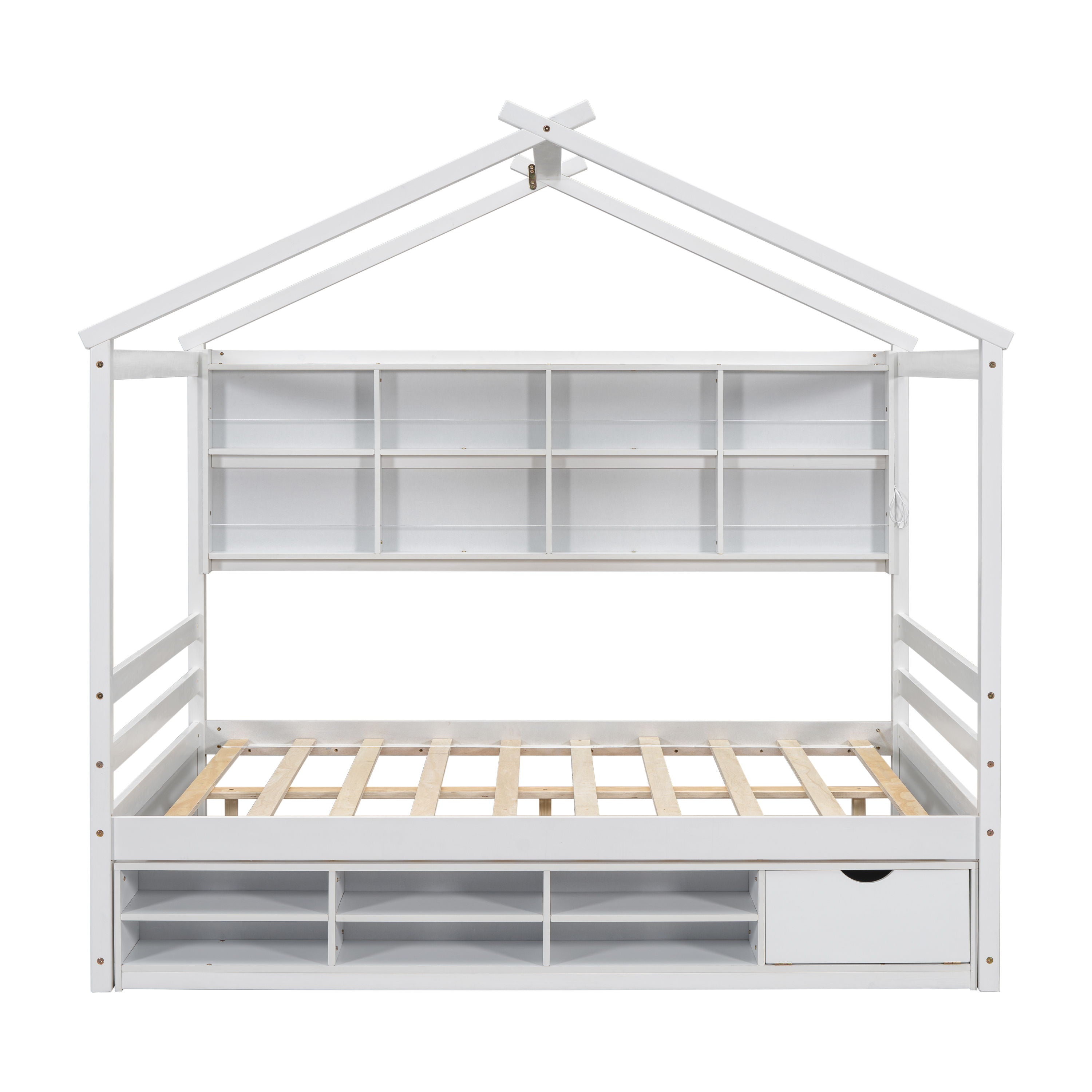 House Bed With Roof Frame, Bedside-Shelves, Under Bed Storage Unit