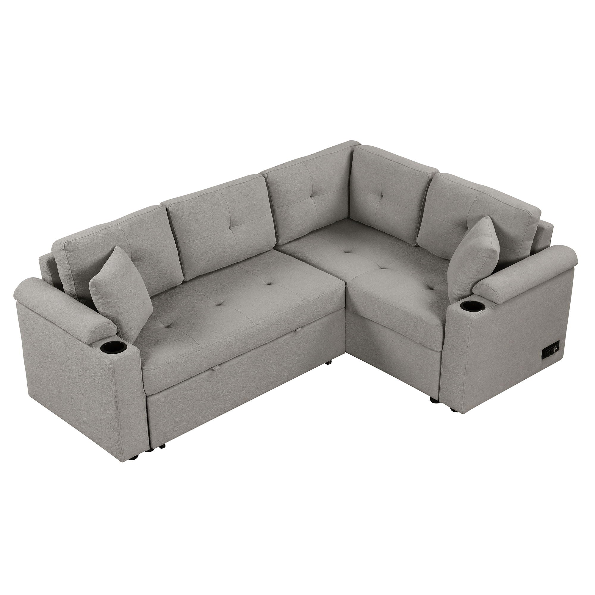 L-Shape Sofa Bed Pull-Out Sleeper Sofa With Wheels, USB Ports, Power Sockets For Living Room