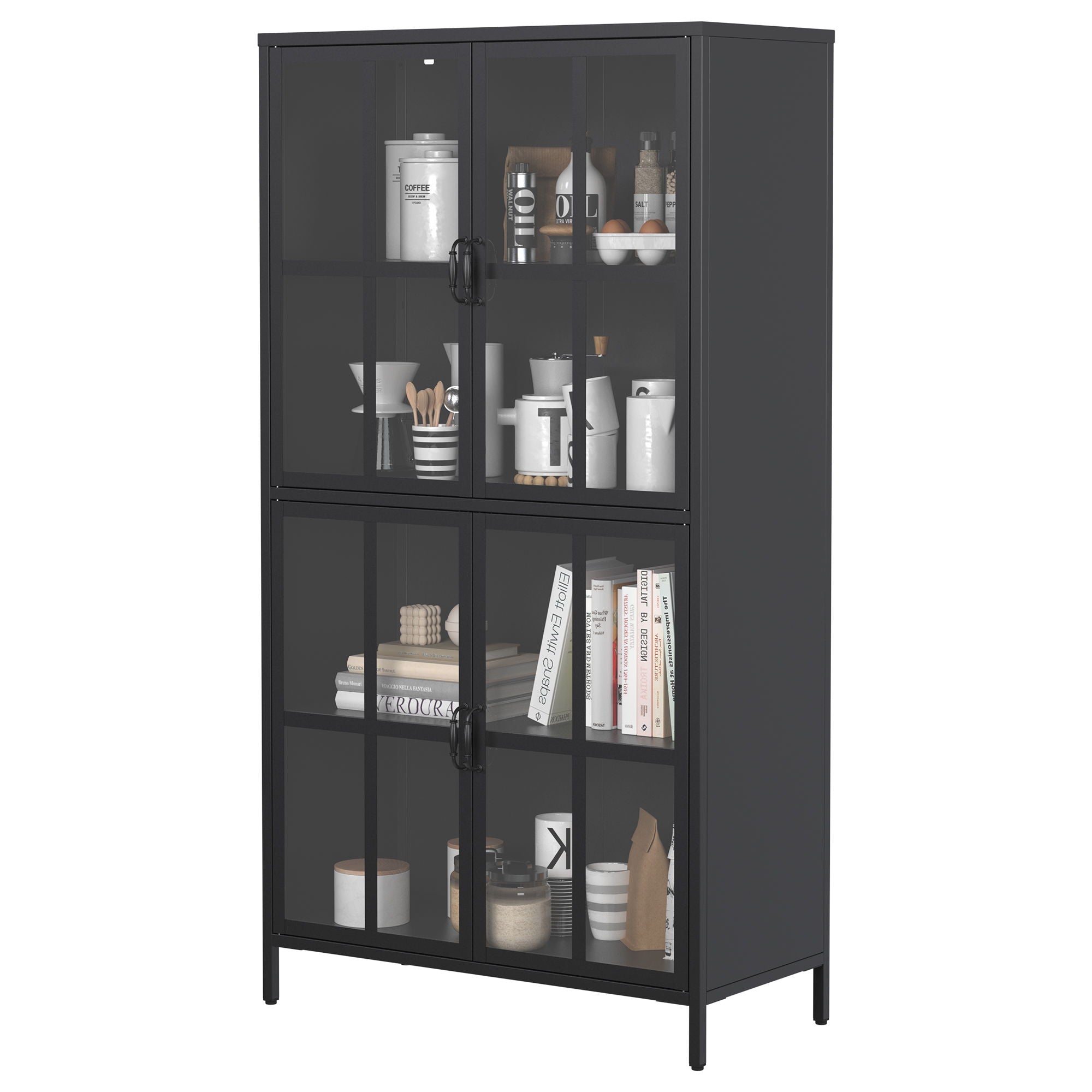 Premium Metal Storage Cabinet With Tempered Glass Doors, Adjustable Shelves, Anti-Tipping Device, Magnetic Silent Closure, And Adjustable Feet For Home And Office Use