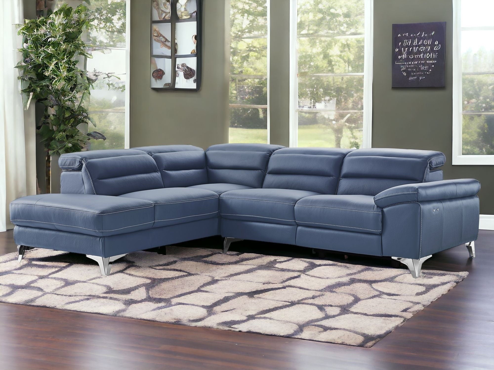 Top Grain Leather Reclining L Shaped Two Piece Sofa And Chaise Sectional - Navy Blue