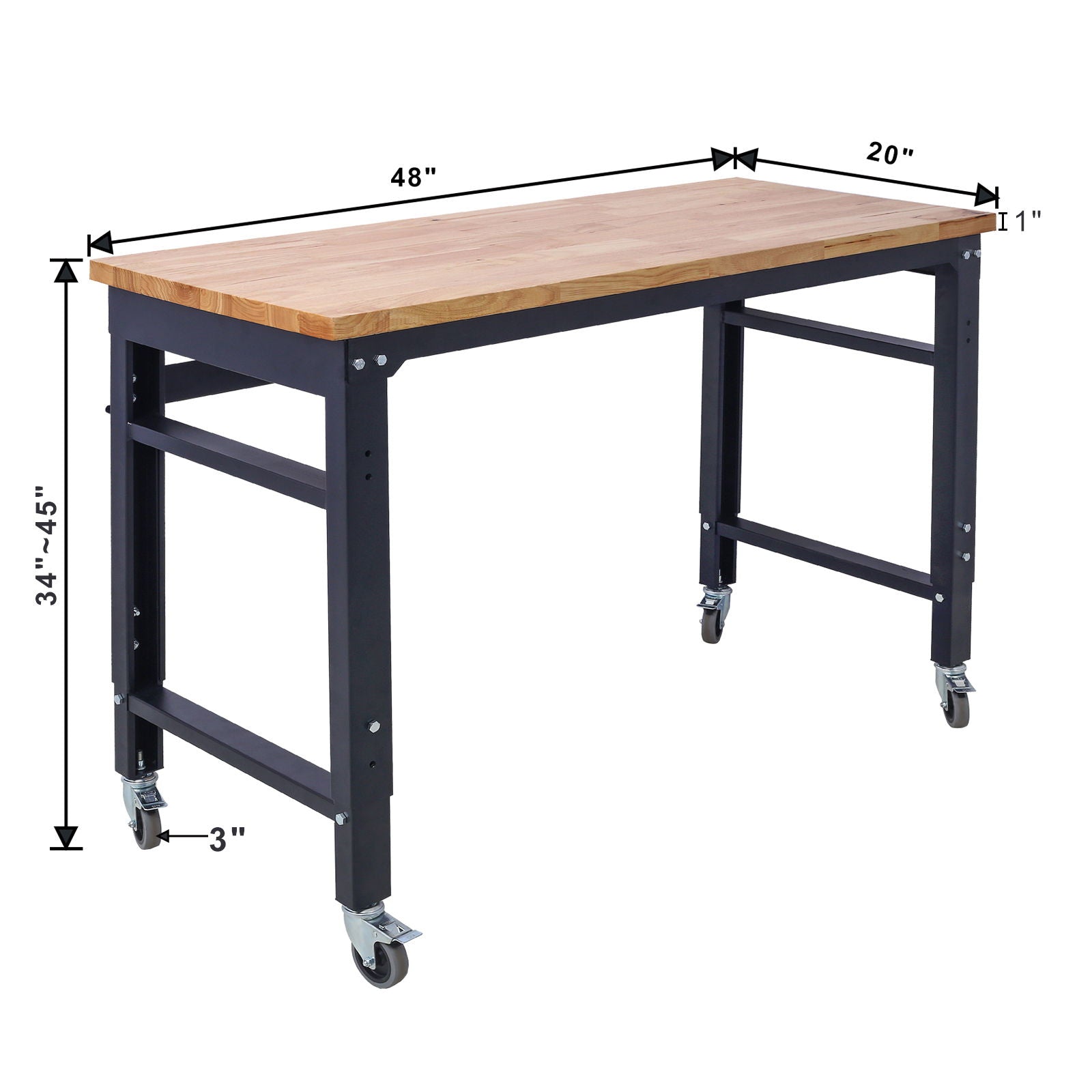 Wide Rolling Workbench For Garage, Adjustable Height, Workshop Tool Bench, Metal With Rubber Wood Top