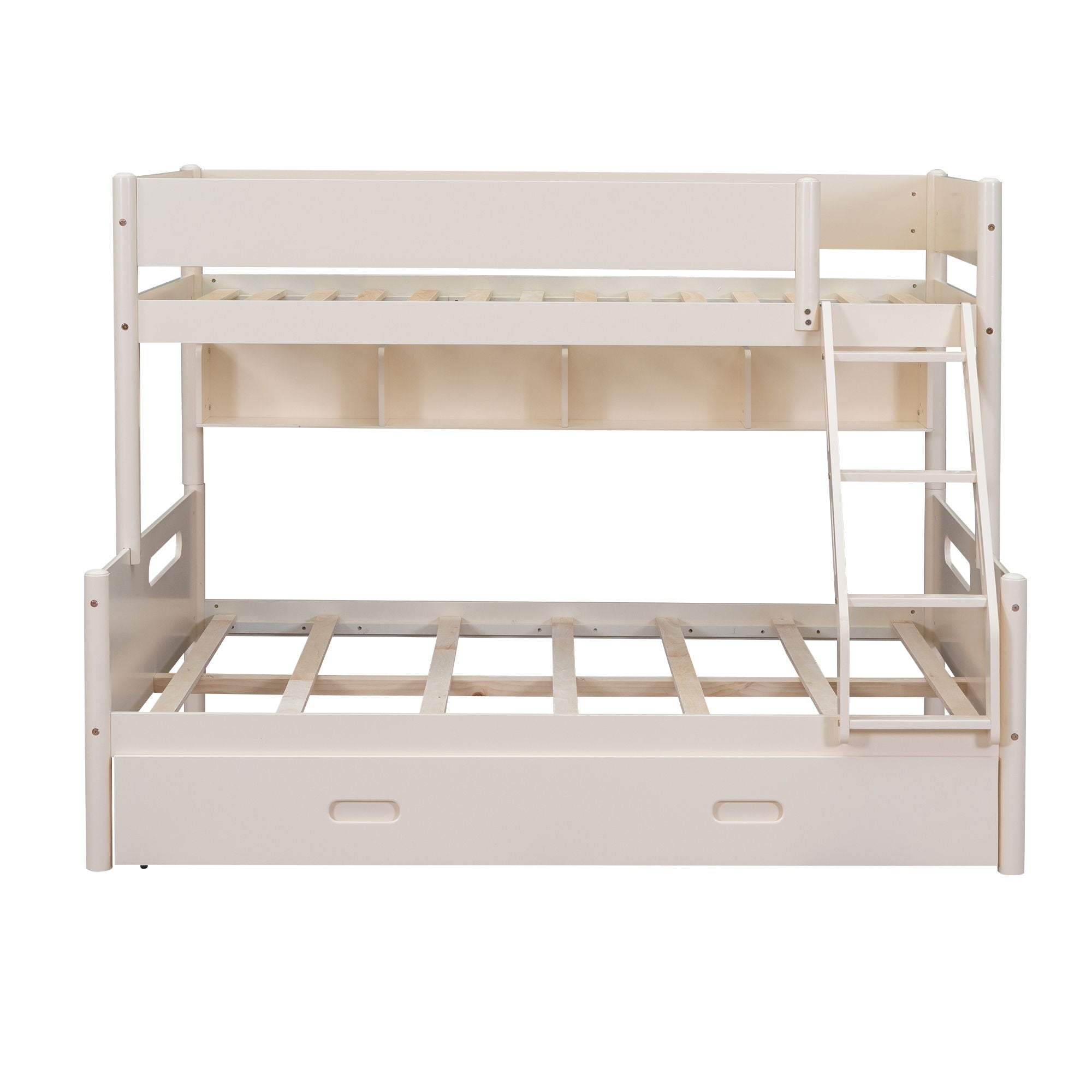 Wood Twin Over Full Bunk Bed With Storage Shelves And Twin Size Trundle - Cream