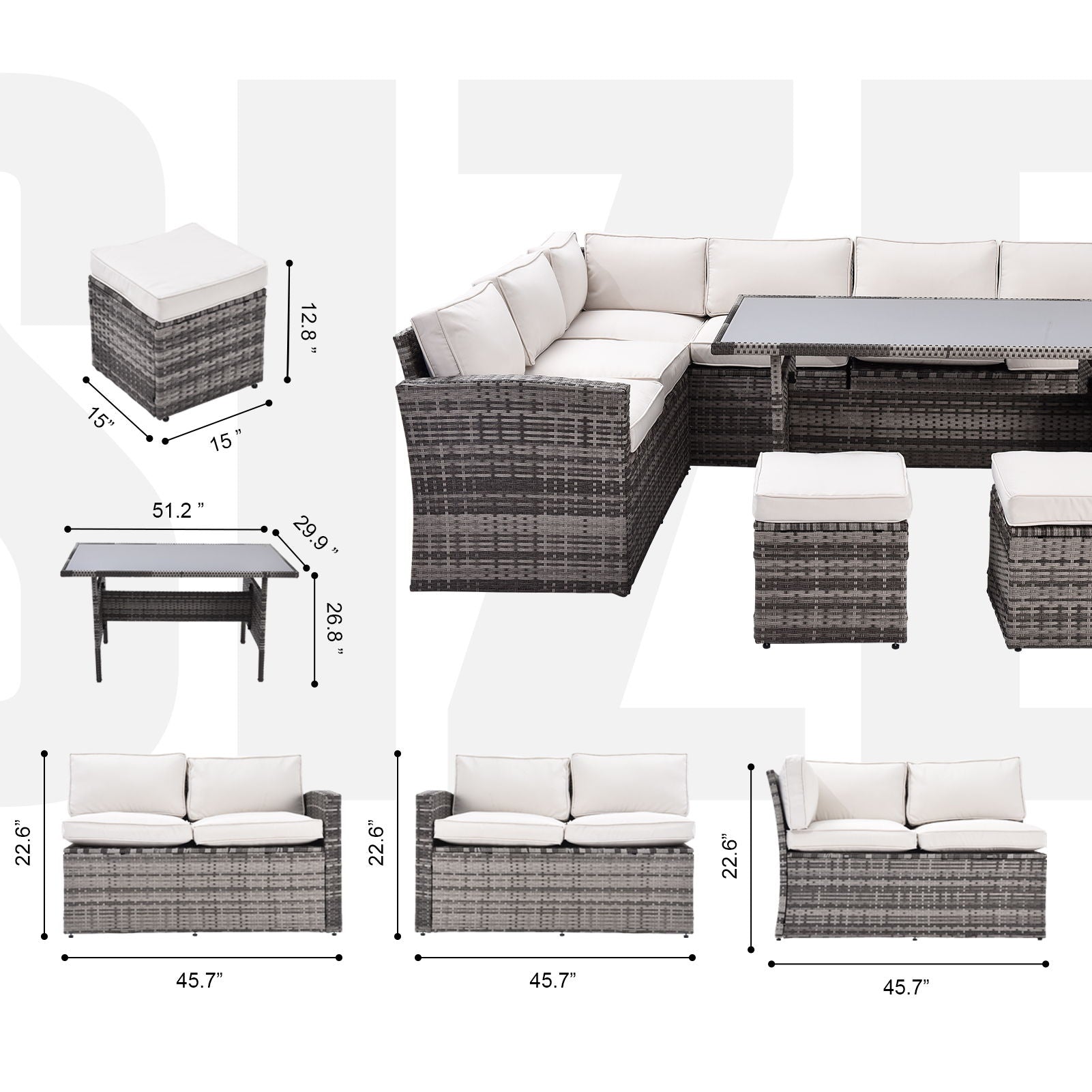 7 Pieces Outdoor Sectional Conversation Sofa With Dining Table, Chairs And Ottomans, All Weather, With Backrest And Removable Cushions