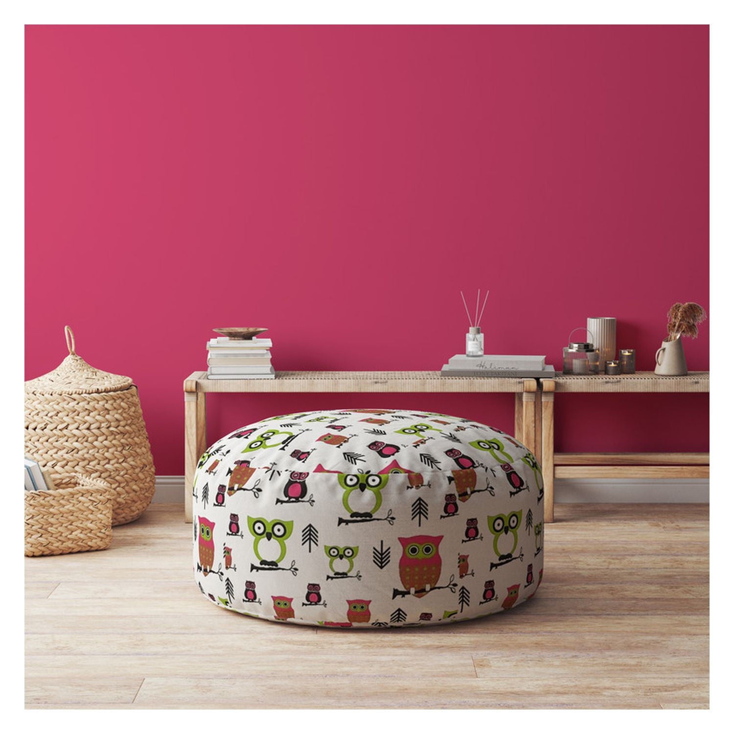 Cotton Round Owls Pouf Cover - Pink / White