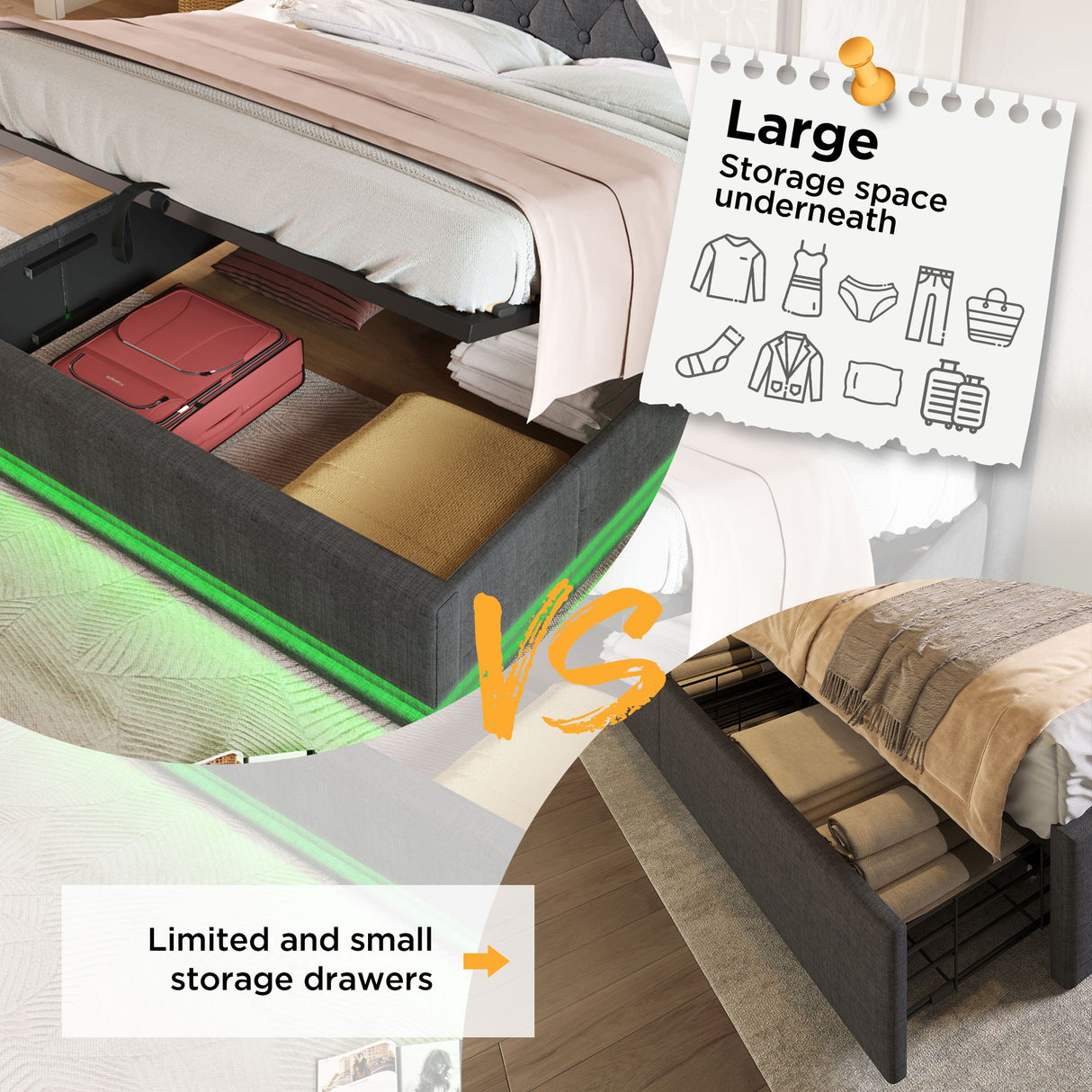 Upholstered Bed, 360 Surround LED Function, Remote Control, Hydraulic Storage Bed With USB, Type-C Charging (Without Mattress)