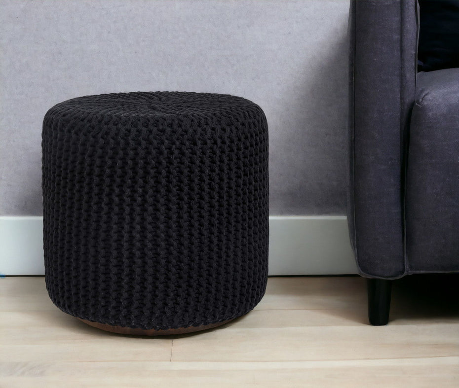 Cotton Blend Round Pouf Ottoman - Black