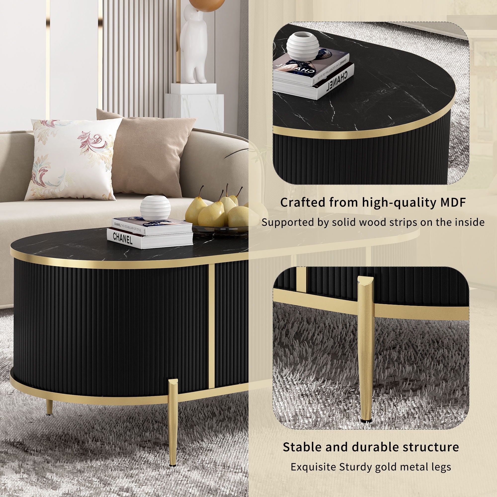 Modern Luxury Oval Shaped Fluted Coffee Table, Marble - Patterned Top Coffee Table With 2 Cabinets, Metal Legs And Handles For Living Room