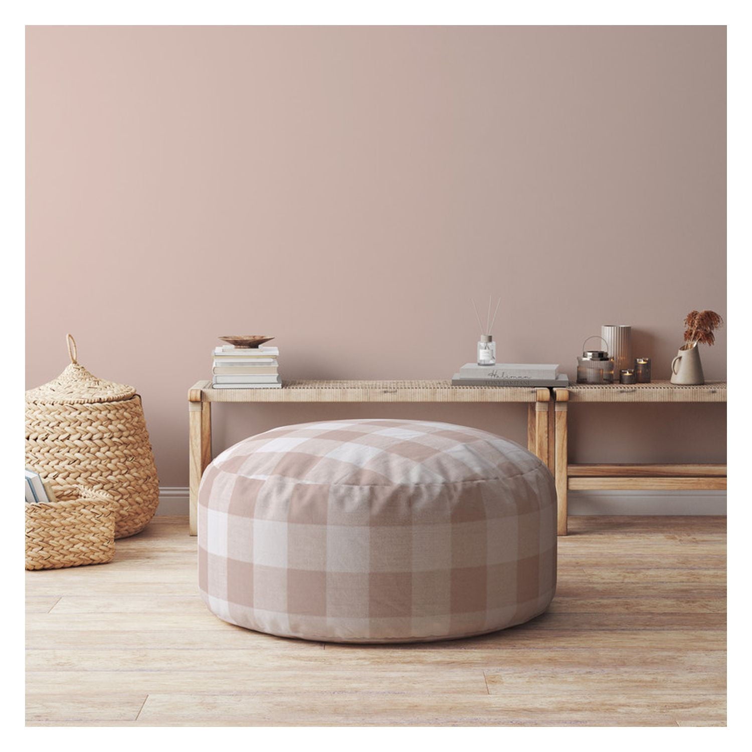 Cotton Round Gingham Pouf Ottoman - Pink / White