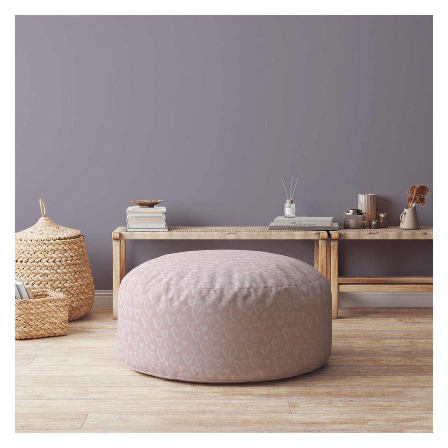 Cotton Round Floral Pouf Ottoman - Pink