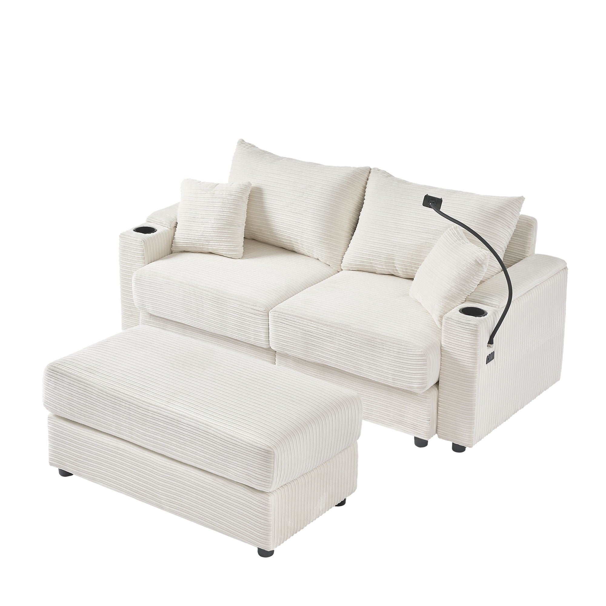 Modern Style Loveseat Sofa Sectional Sofa Couch With Storage Space, A Movable Ottoman, Two USB Ports, Two Cup Holders, A Phone Holder For Living Room