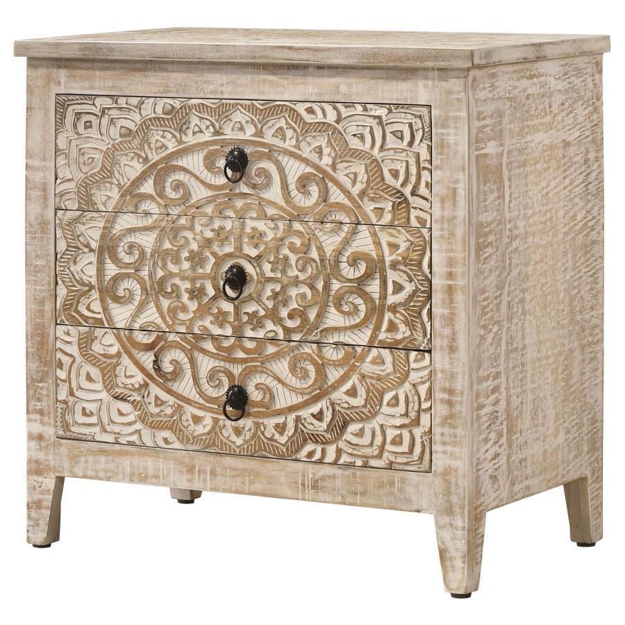 Mariska - 3-Drawer Wood Mandala Cabinet - Distressed White by Coaster Fine Furniture | Bel Furniture