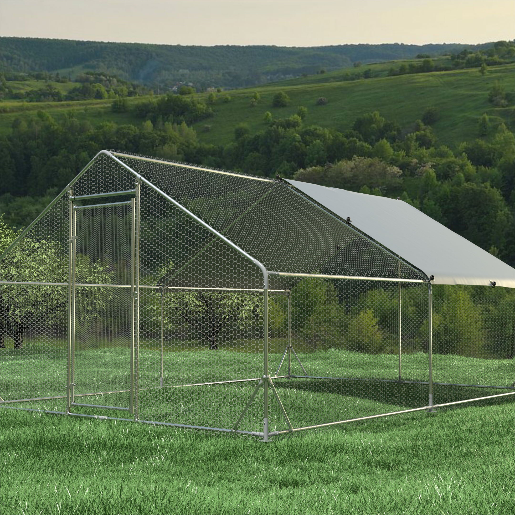 Large Metal Chicken Coop, Walk In Poultry Cage Hen Run House Rabbits Habitat Cage Spire Shaped Coop With Waterproof And Anti Ultraviolet Cover