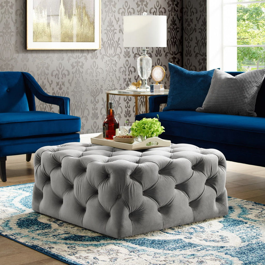 Velvet Rolling Tufted Cocktail Ottoman - Gray