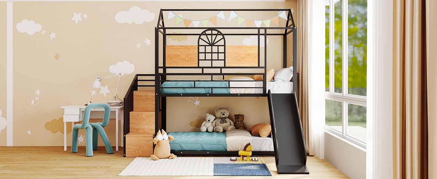 Metal Bunk Bed, Metal Housebed With Slide And Storage Stair