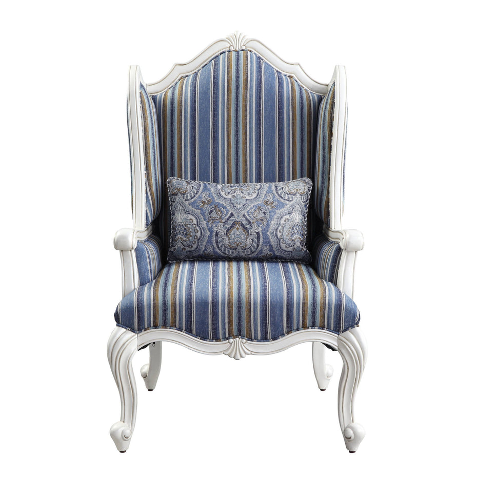 Fabric Striped Wingback Chair - Blue White / Brown