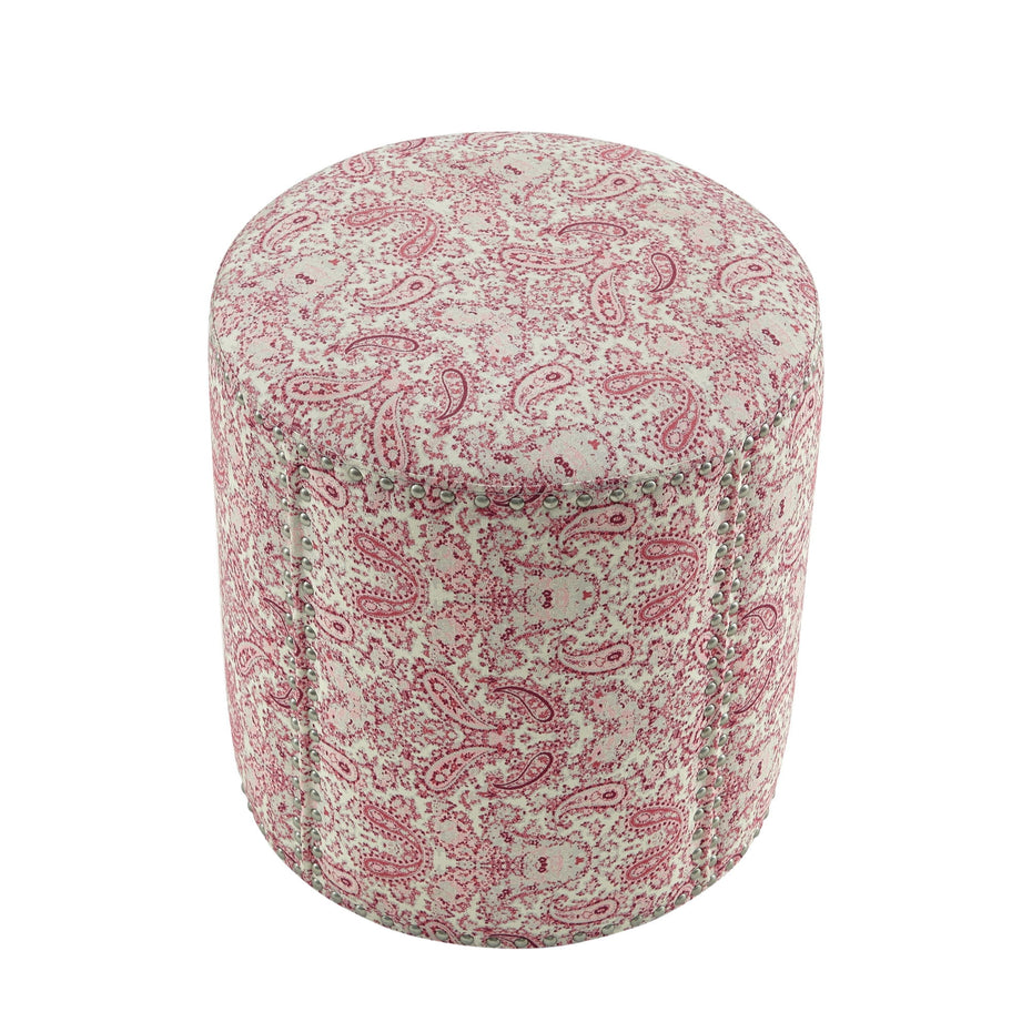 Linen Round Floral Ottoman - Red