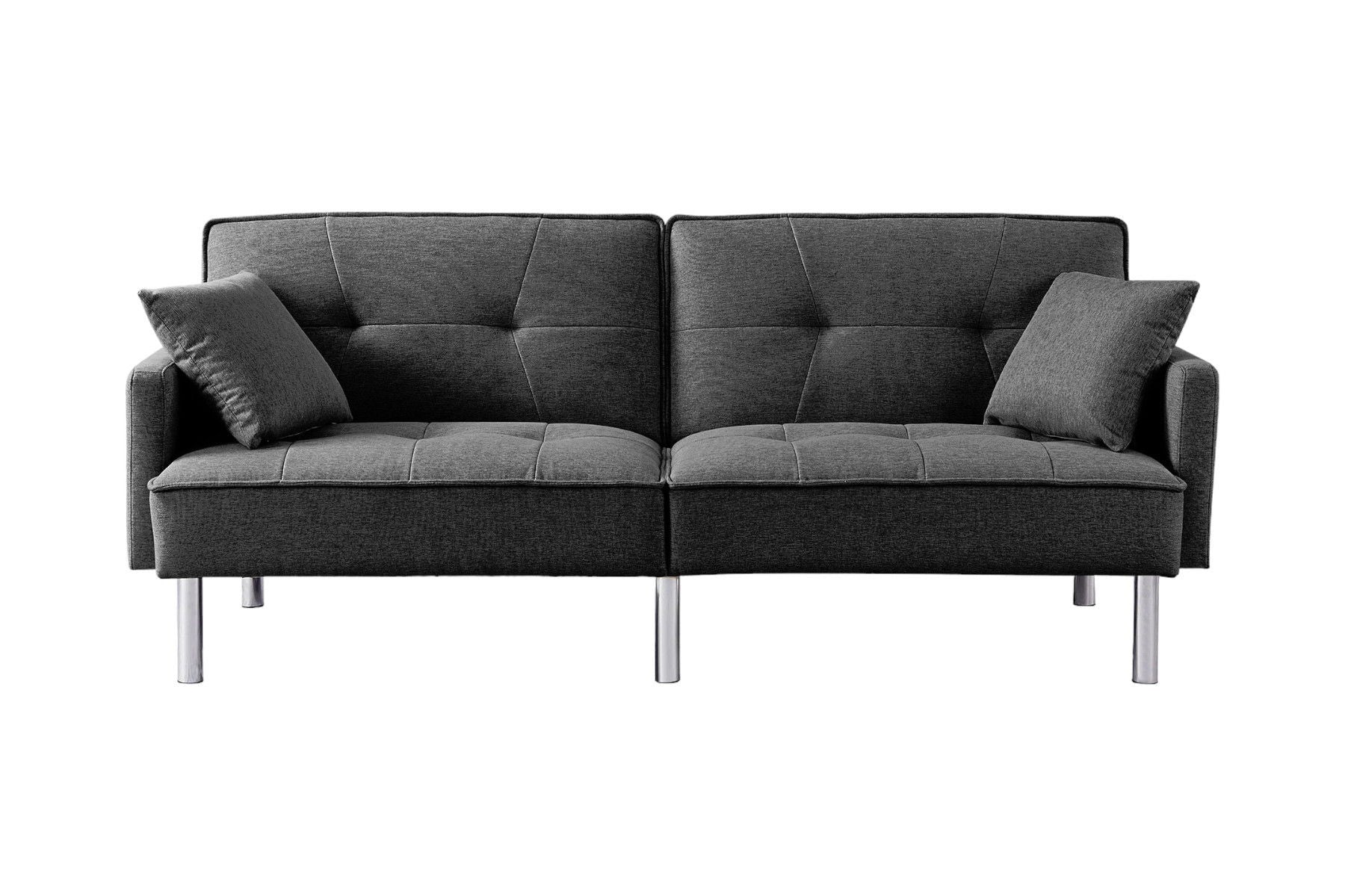 Polyester Blend Convertible Futon Sleeper Sofa And Toss Pillows With Silver Legs - Dark Gray