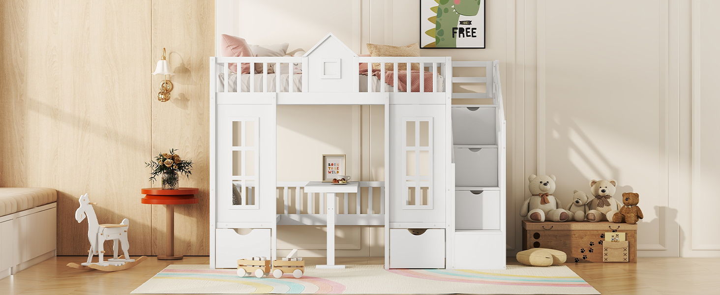 Twin Over Twin Bunk Bed With Changeable Table, Bunk Bed Turn Into Upper Bed And Down Desk